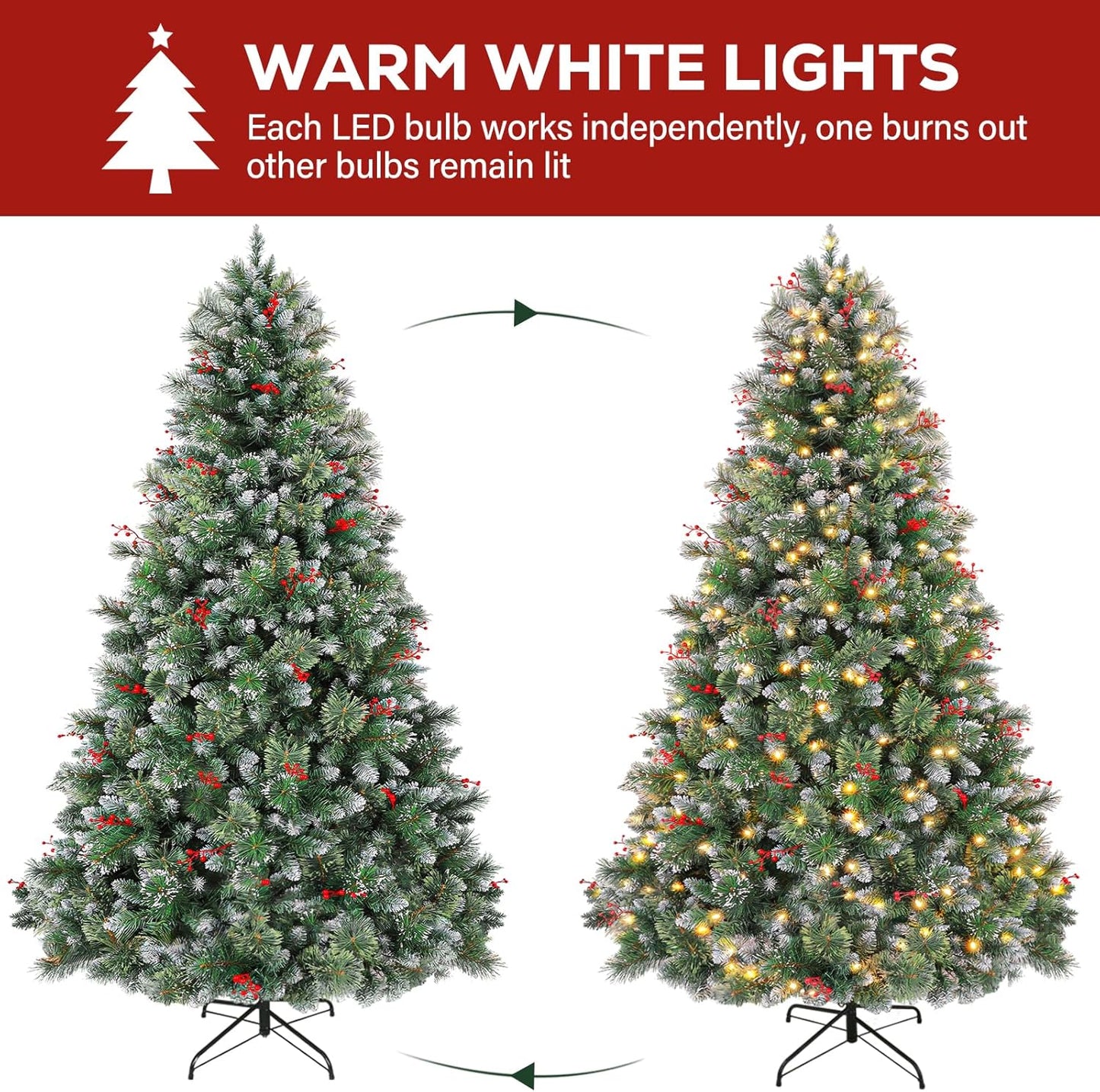 Hykolity 7.5 ft Prelit Artificial Christmas Tree, Partially Frosted Christmas Pine Tree with Red Berries, 350 Warm White Lights, 1372 PVC Branch Tips, Metal Stand and Hinged Branches