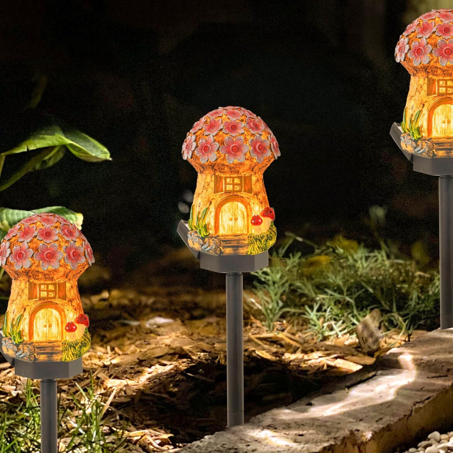 Dazzle Bright Solar Mushroom Lights Fairy Garden Lights for Home Decor Outdoor Decorative Stakes Mushroom House Solar Powered LED Landscape Lighting for Lawn, Walkway, Patio, Yard