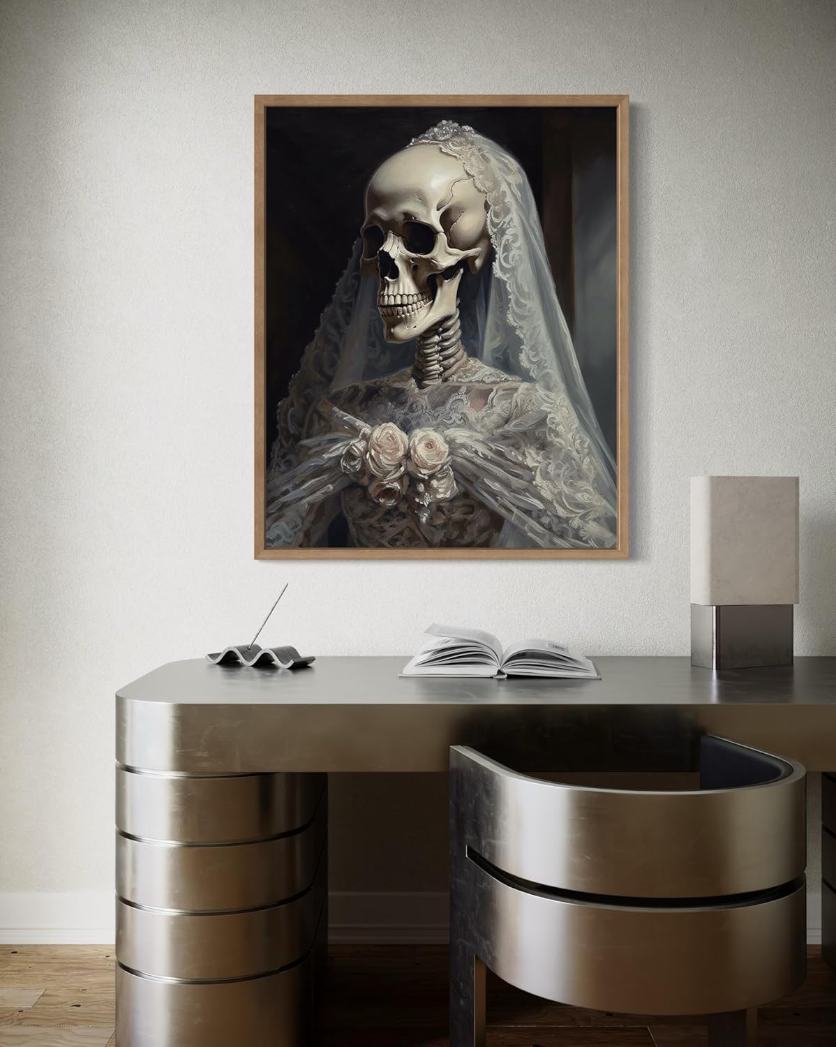 Skull Gown Poster Art Print, Halloween Scary Vintage Wall Art Academia Spooky Painting Decoration for Horror Prints, Gothic Posters Bedroom Decor 89 (Skull Gown, 8 x 10 inches, Wood Frame)