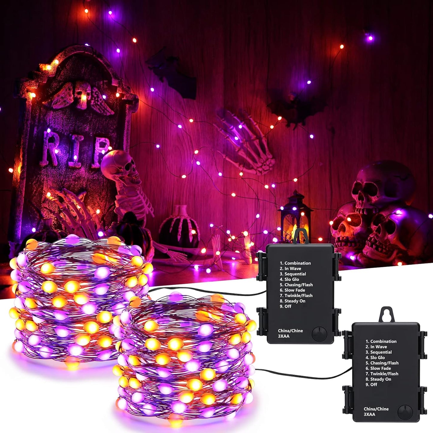iBaycon 2 Pack 50 LED Battery Halloween Lights, 16.4ft Battery Operated Halloween Lights, Orange Purple Waterproof Twinkle Fairy Lights with 8 Modes & Timer for Indoor Outdoor Halloween Decorations