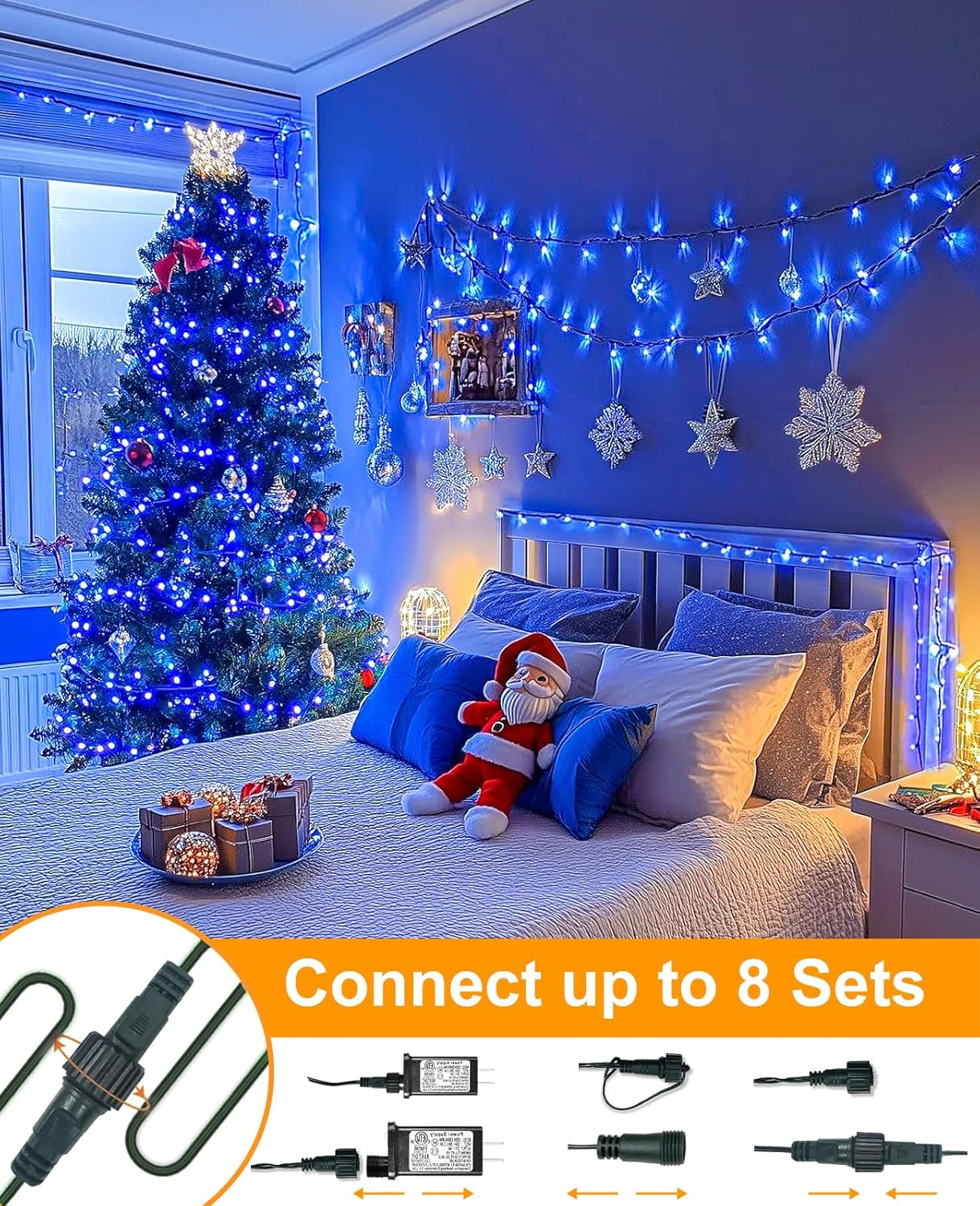 40FT 120 LED Christmas Lights Outdoor, Green Wire Christmas Tree Lights with 8 Modes & Waterproof, Connectable Plug in String Light for Indoor Bedroom Yard Party Wedding Decorations, Blue