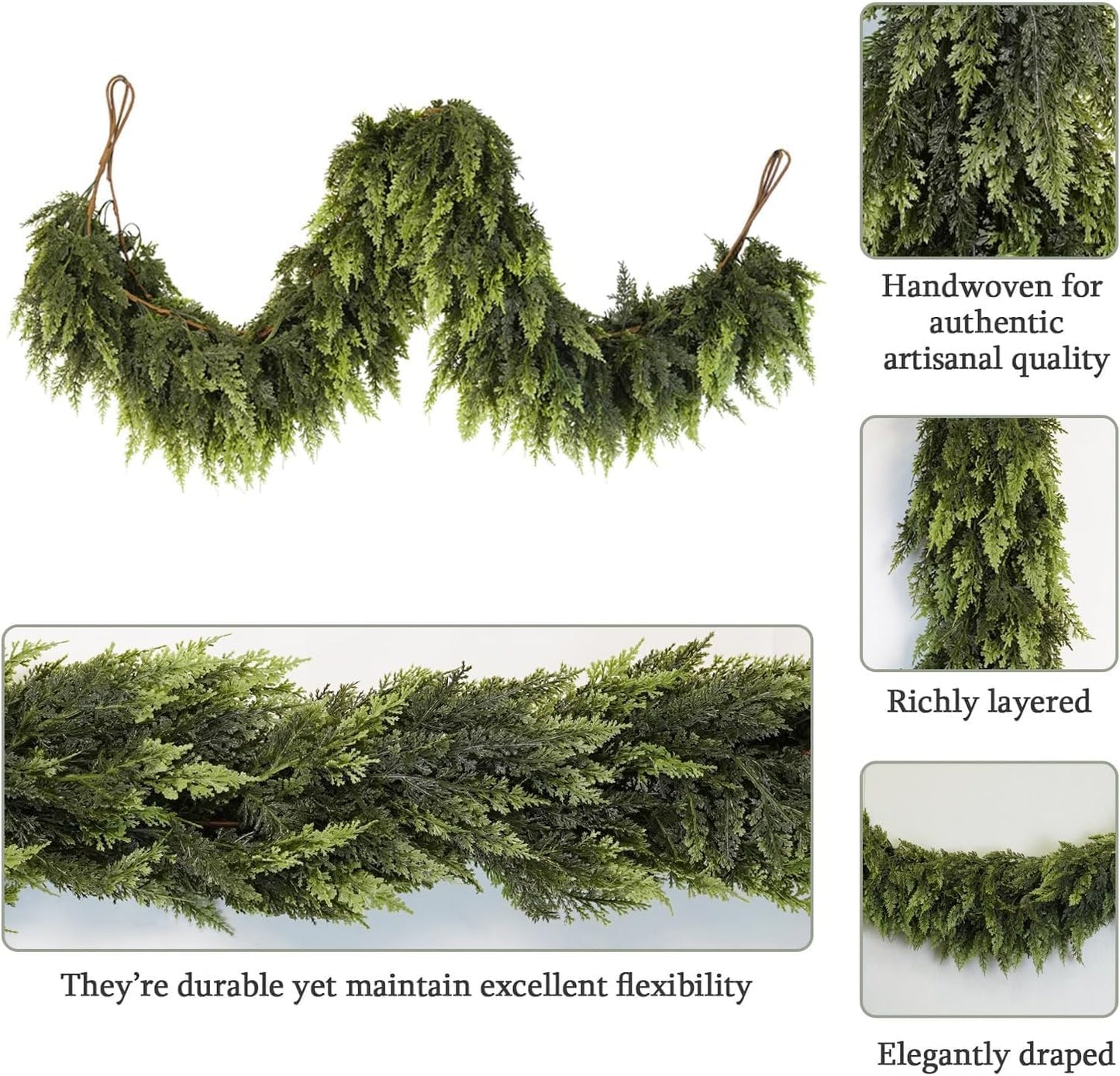 6 Ft Artificial Cedar Garlands – Real Touch Winter Greenery, Realistic Artificial Cedar Tree Christmas Pine Garland Decorations for Table Mantle Wall Indoor Fireplace Holiday Party (4ft, 1)