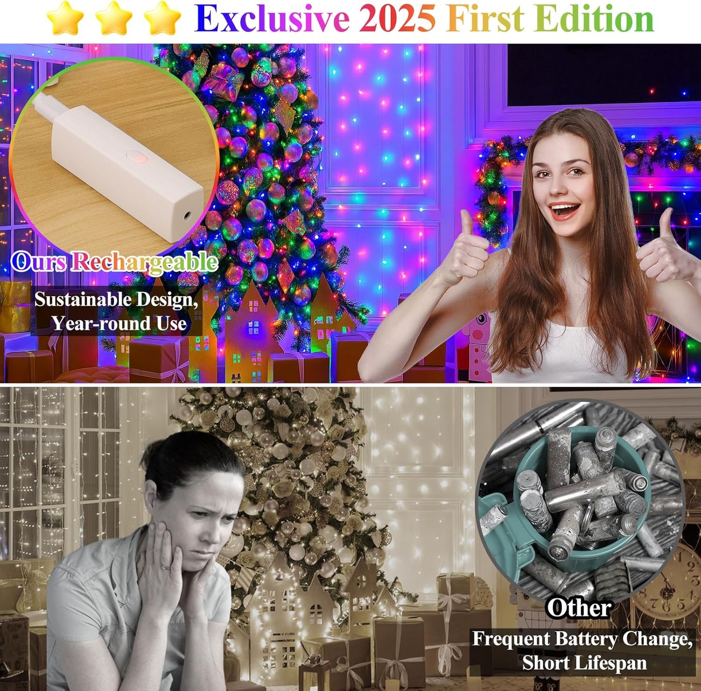 Lakumu 32FT(16*2) Fairy Lights Battery Operated String Lights, Rechargeable Twinkle Lights with Timer, Mini LED Lights for Bedroom, Christmas Decorations, Wedding, Centerpiece Table Decor Multicolor