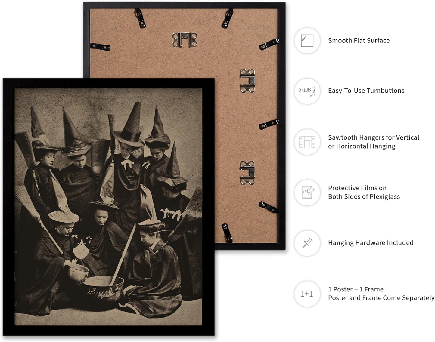 Poster Master Vintage Photograph Poster - Retro Halloween Print - Gift for Artist, Friend - Witches Cooking, Pointy Hats, Broomsticks, Black Magic - Wall Decor for Bedroom, 11x14 Black Framed