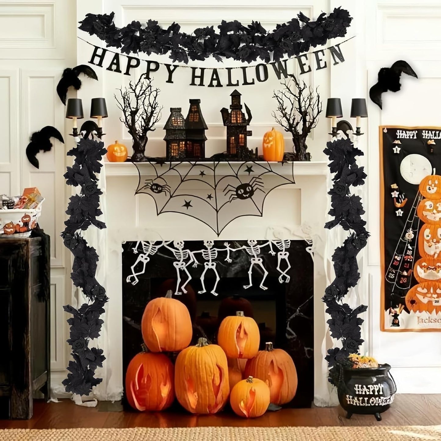 RECUTMS Black Artificial Flower Garland Fake Rose Vine Hanging Rose Vines Fall Maple Garland with Floral,Black Hanging Flowers for Gothic Wedding Decor Autumn Party Halloween Decor