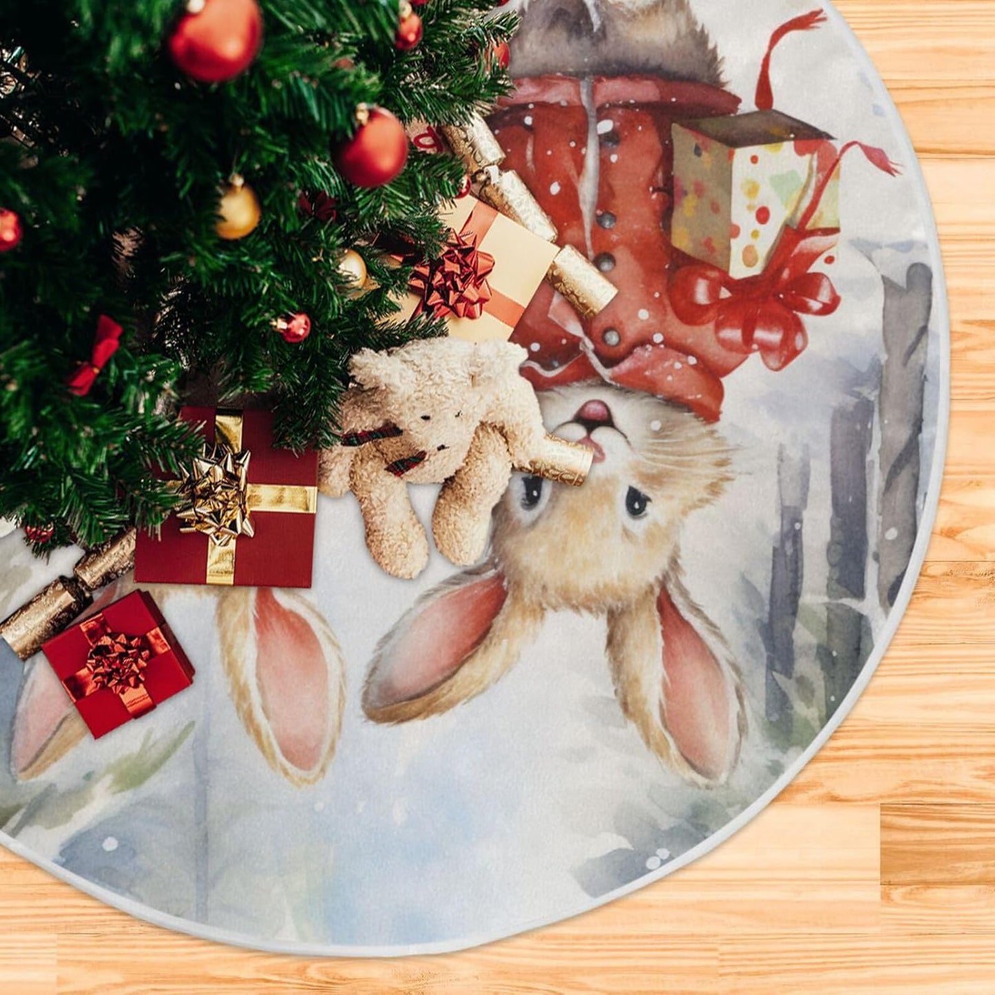 Christmas Tree Skirt - 48 Inch Rabbit Xmas Tree Mat for New Year Party Decorations