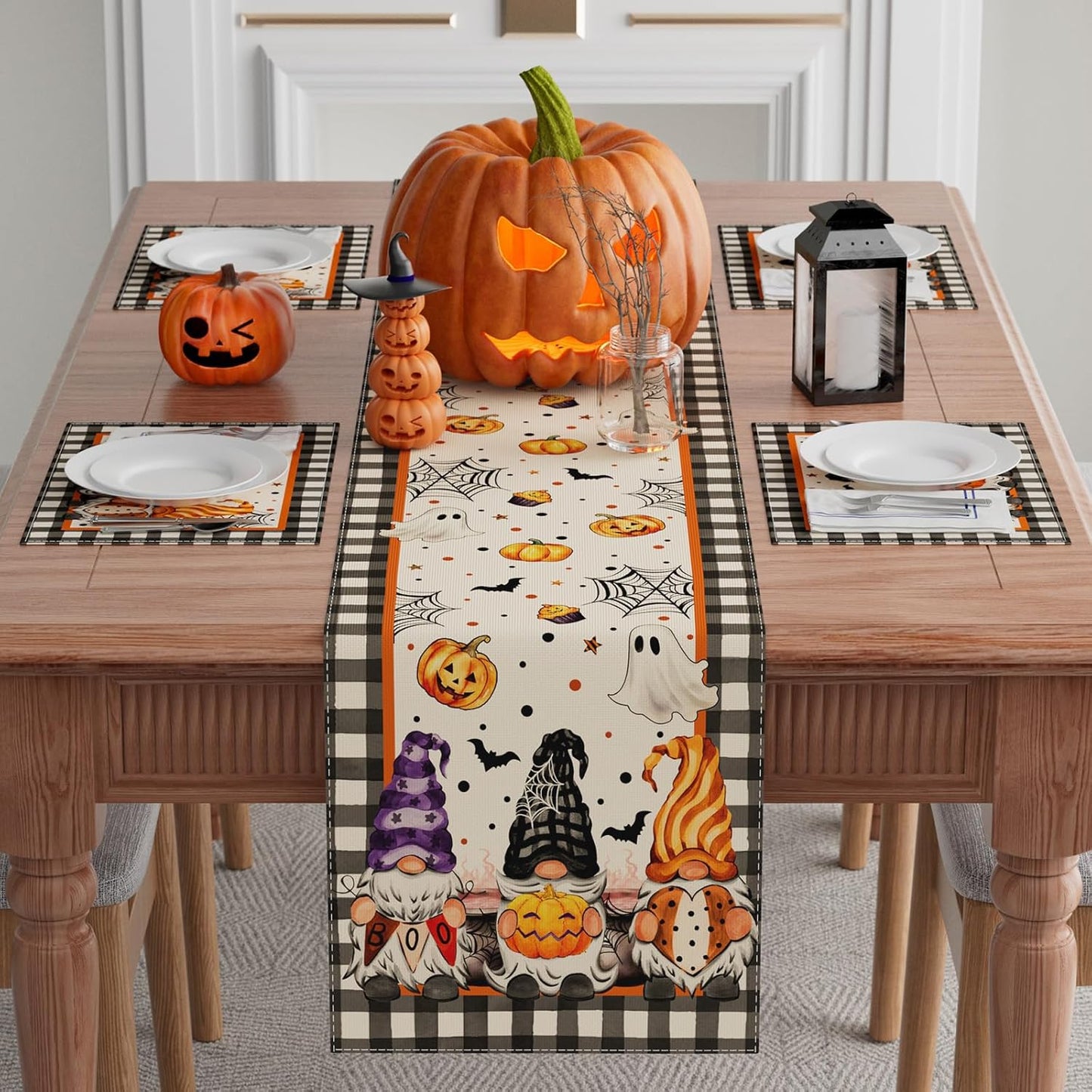 XCHI Spooky Boo Plaid Gnome Halloween Table Runner Party Table Decoration for Home Kitchen Dining Holiday Decor 13x120 Inch