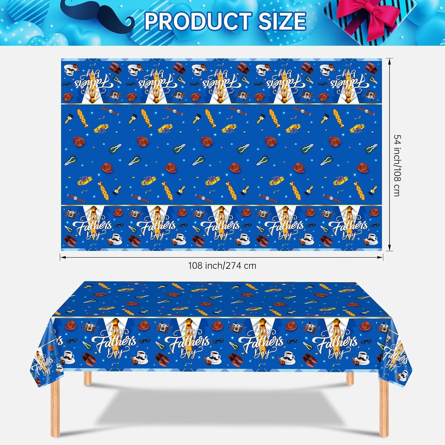 2 Pack Fathers Day Tablecloth - Happy Father's Day Table Cloth, Plastic Disposable Rectangle Blue Father Day Table Cover for Fathers Day Decorations Party Decor Supplies Favors,108 x 54 Inch