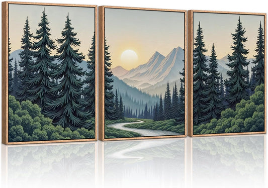 HLNIUC Mountain Forest Sun Framed Wall Art,Large Boho Pine Tree Canvas Wall Decor Set of 3(16”x24”)Ridge Mountain Landscape Picture Prints,Natural Sunset Woodland Wall Painting for Living Room,Bedroom
