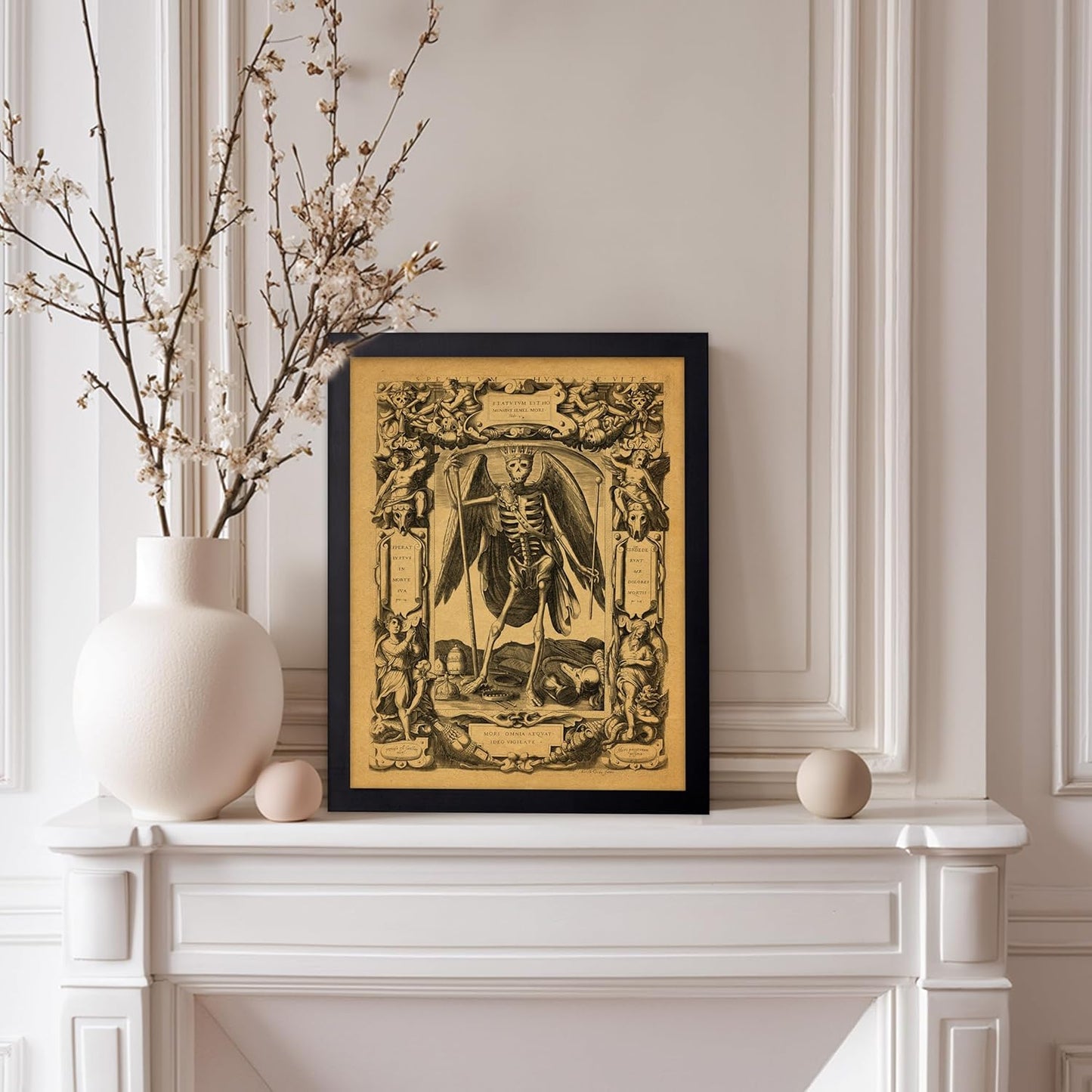 Poster Master Vintage Medieval Poster - Retro Gothic Print - Gift for Artist, Friend - Angel of Death, Memento Mori, Life, Skeleton, Dark - Wall Decor for Home, Living Room, 11x14 Black Framed