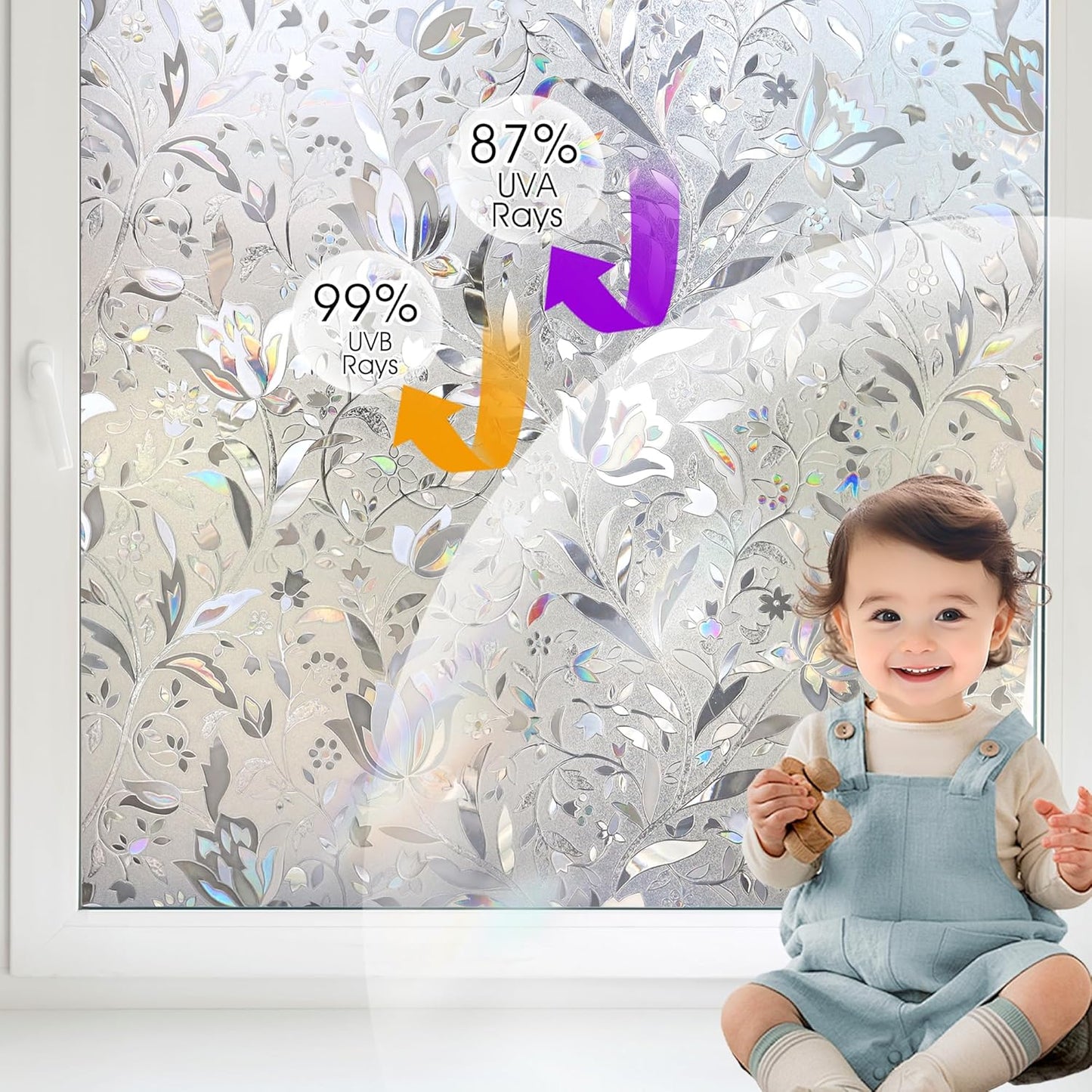 HIDBEA Window Privacy Film, 3D Stained Glass Static Cling - Sun Blocking Anti-UV Heat Control, Reusable Decorative Film for Home/Office Doors, Rainbow Tulip Design (17.5 in x 78.7 in)