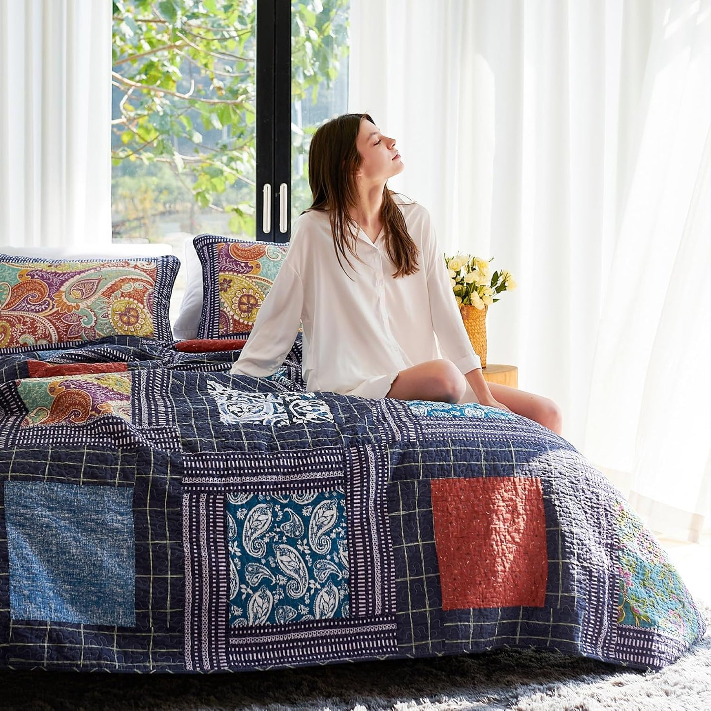 Secgo King Size Comforter Set- 100% Cotton Quilt King Size Set, Black bedspreads (96 * 108 Inch) with 2 Pillow Shams, Patchwork Reversible Lightweight Bedding