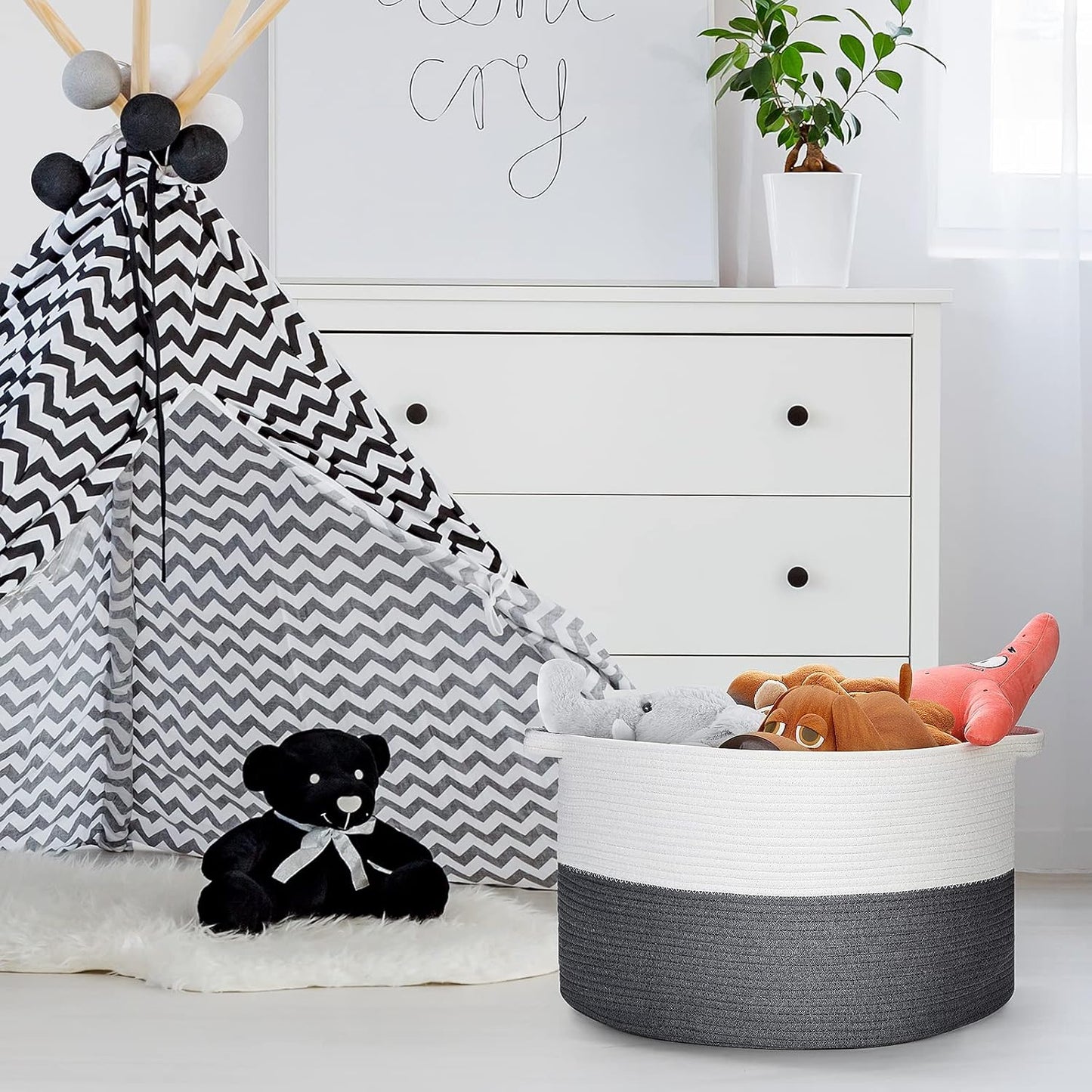 Ravinte Blanket Basket - 20"x 20"x 13" Cotton Rope Basket for Living Room, Baby Toy Storage Basket, Large Woven Laundry Basket (White-DarkGray)