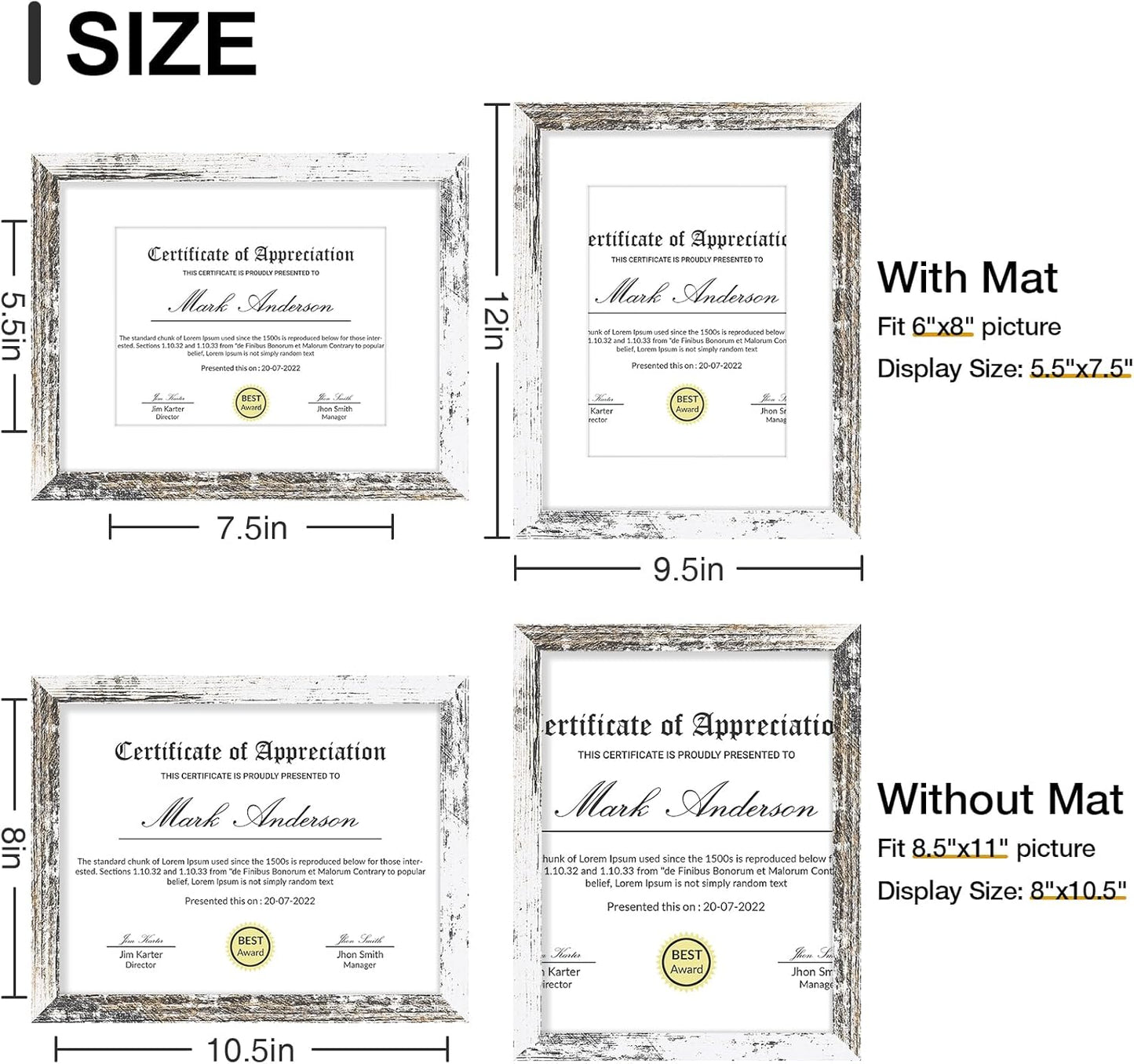 Vittanly 8.5x11 Picture Frames Set of 9, Shatter Resistant Plexiglass, Display 6x8 Pictures with Mat or 8.5x11 without Mat, Photo Frames for Wall or Tabletop, Engineered Wood, Distressed White