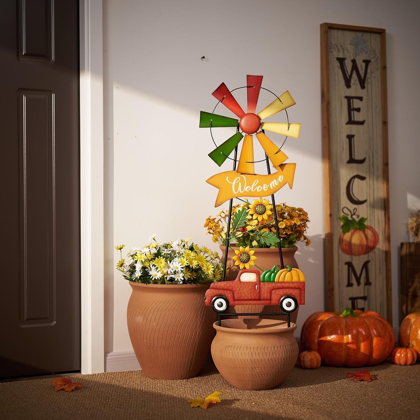 TERESA'S COLLECTIONS Fall Decor for Outdoor Home, Metal Pumpkin Fall Decorations Wind Spinner Yard Stakes Welcome Sign for Thanksgiving Decorations, Rustic Autumn Sunflower Decor for Lawn Patio, 26"