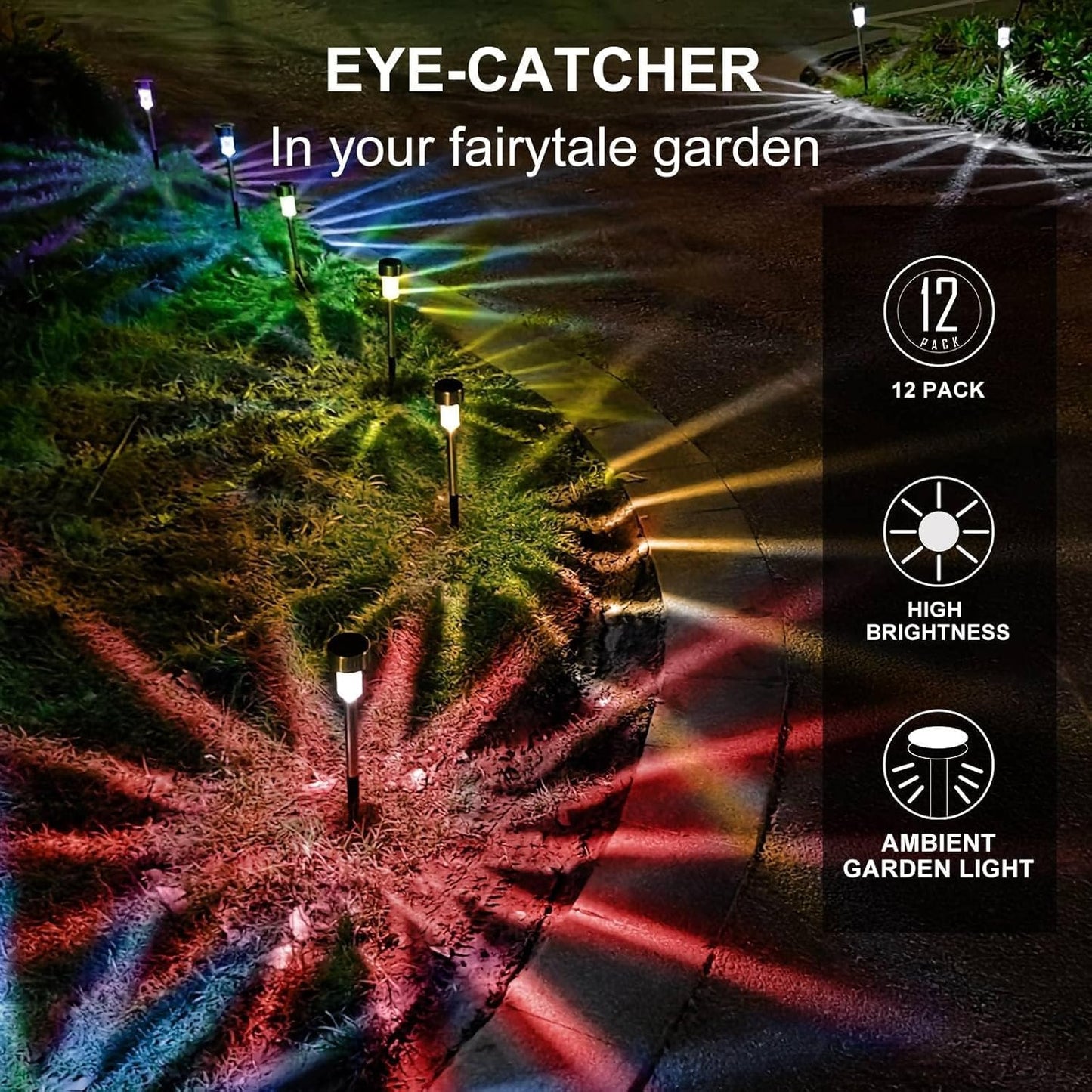 Solar Lights Outdoor Waterproof, Stainless Steel LED Landscape Lighting, Solar Garden Lights Solar Powered, Outdoor Solar Lights for Yard, Pathway, Walkway, Patio , Lawn - 12 Pack ( Multicolor )