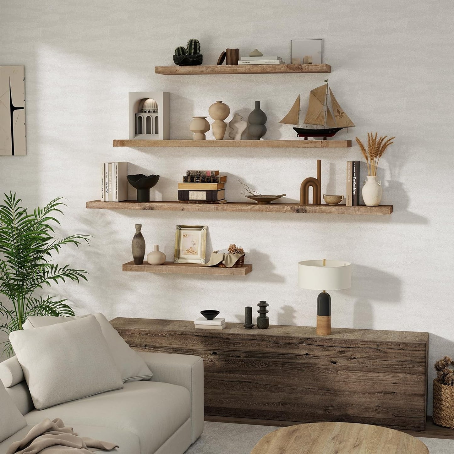 Solid Wood Floating Shelves, 8" Deep Rustic Reclaimed Barnwood Wall Hanging Floating Shelf with Invisible Heavy-Duty Metal Bracket | Wall Mounted | Farmhouse Style | 55 inches,1PC,Natural