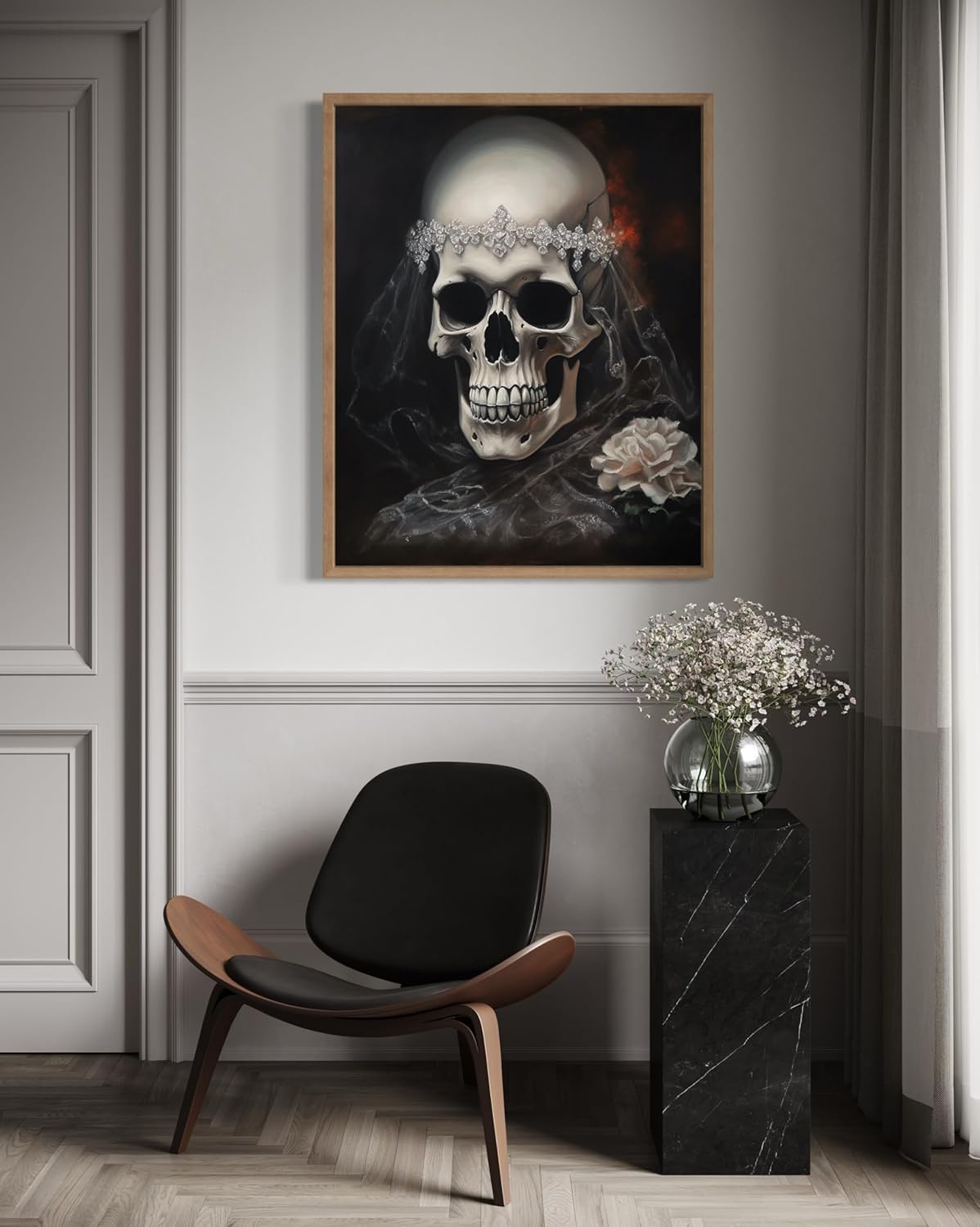 Skull Bride Poster Art Print, Halloween Scary Vintage Wall Art Academia Spooky Painting Decoration for Horror Prints, Gothic Posters Bedroom Decor 89 (Skull Bride, 8 x 10 inches, Wood Frame)