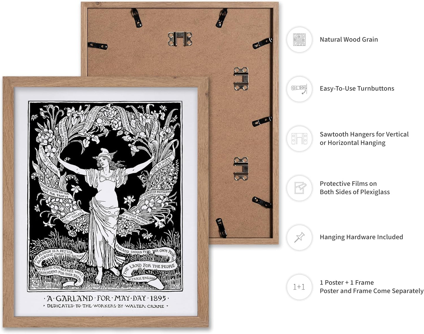 Poster Master Vintage Walter Crane Poster - Retro A Garland for May Day Print - Socialist Art - Gift for Him, Her, Men, Women - Wall Decor for Home, Office, Living Room, 11x14 Beige Framed