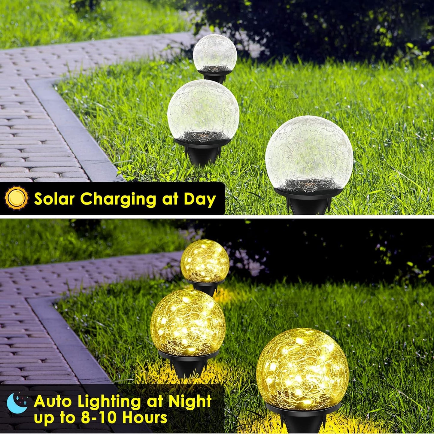 Solar Garden Lights, 2 Pack 60 LED Cracked Glass Solar Globe Lights Outdoor Decoration, Upgraded Waterproof Warm White LED Lights for Yard Pathway Patio Lawn Christmas Outside Decor, 4.73"