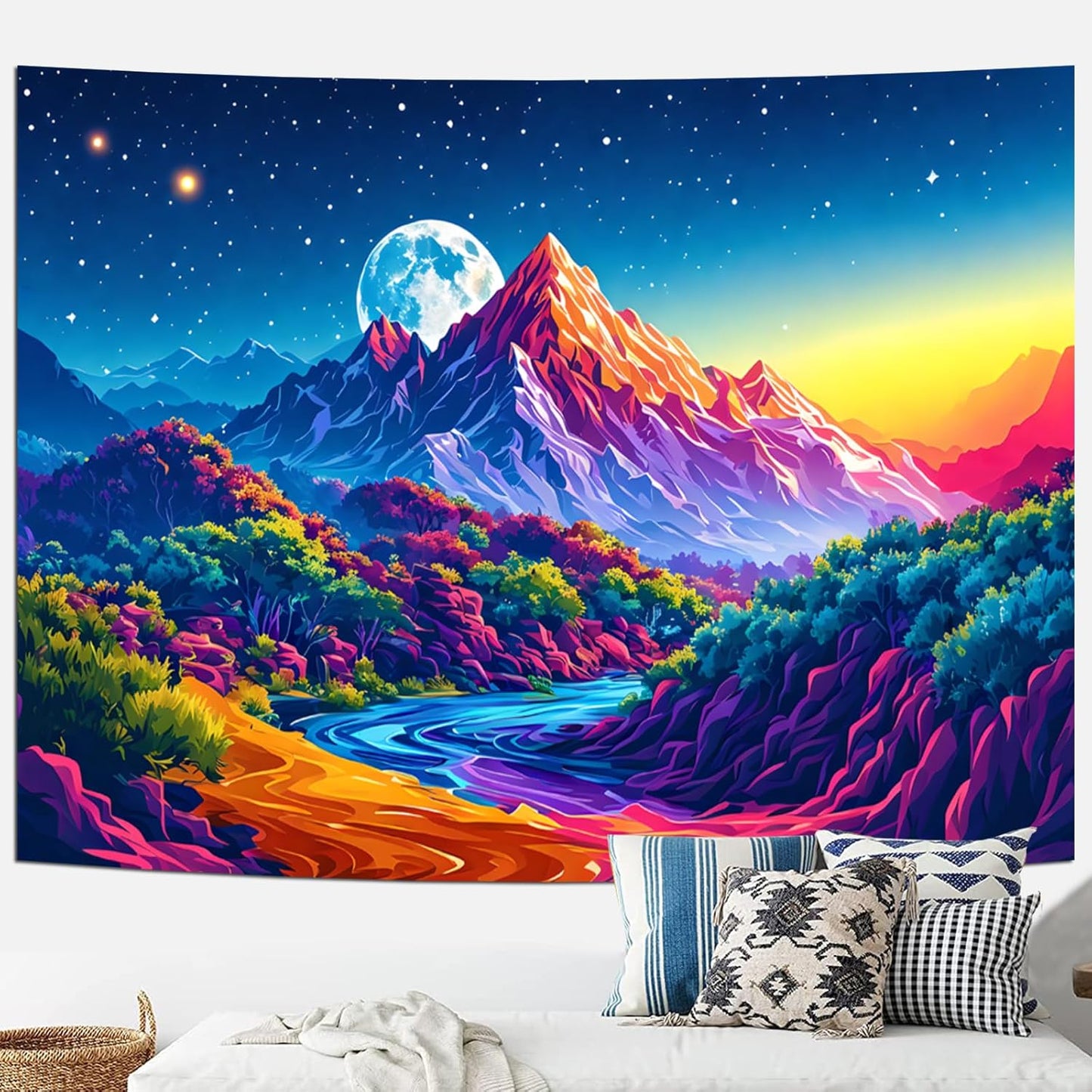 SparkLia Blacklight Sunset Mountain Tapestry – UV Reactive Forest Lake Wall Hanging, Neon Glow in the Dark Starry Sky Moon Nature Landscape for Bedroom, Living Room & Dorm Decor – 59.1" x 80"