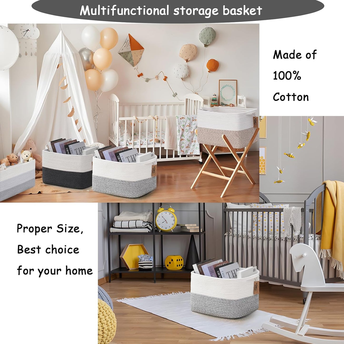 COMFY-HOMI Cotton Rope Woven Basket with Handles for Shelves,Toys,Book, Cloth Storage Baskets Bin for Organizing-13.5"x11"x9.5" Toy Decorative Organizer for Living Room, Bathroom-White/Grey