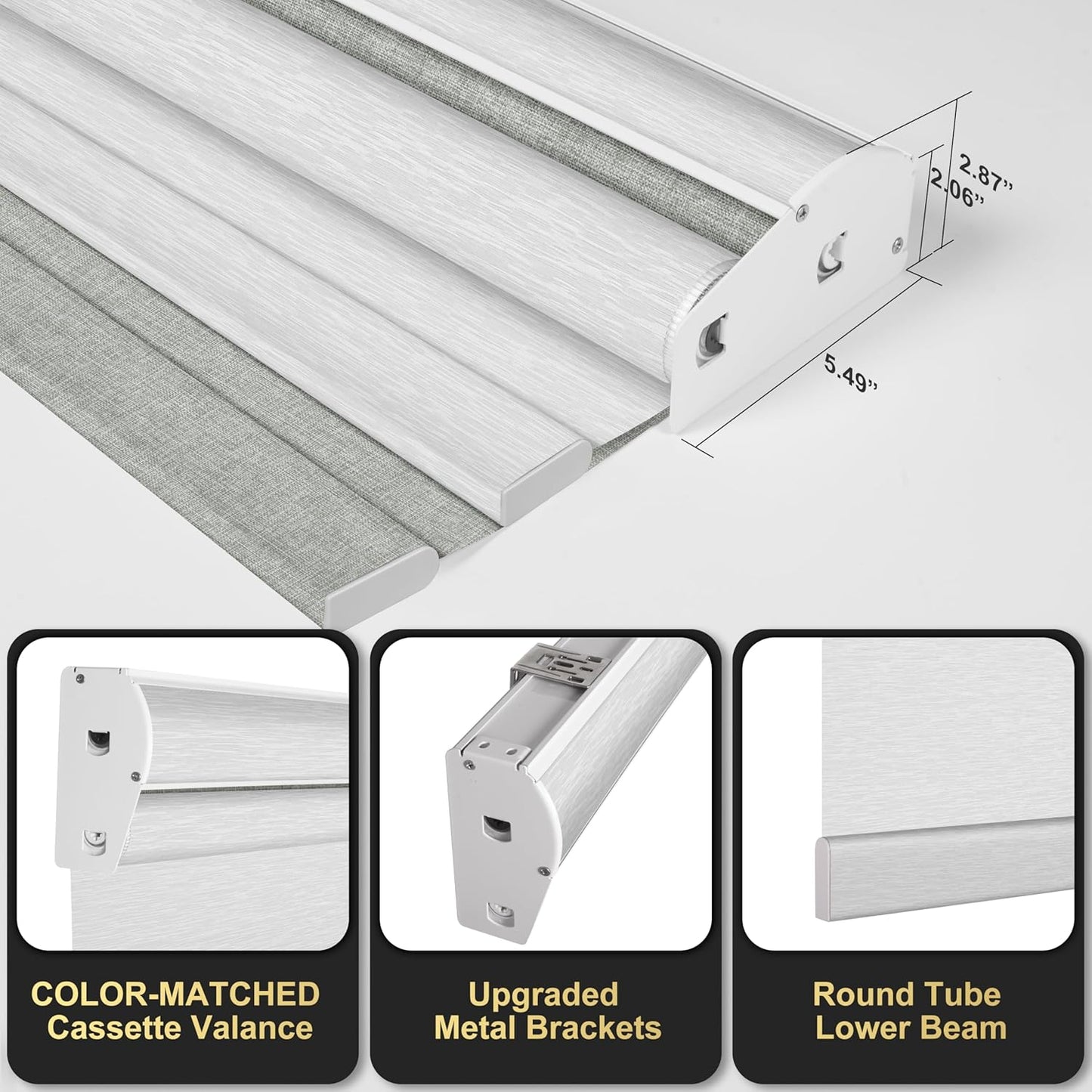 BERISSA Cordless Dual Roller Shades with Cassette Valance, Double Window Shades - Blackout and Light Filtering, Day and Night for Home Office or Door - Linen Grey and White, 43 W x 64" H