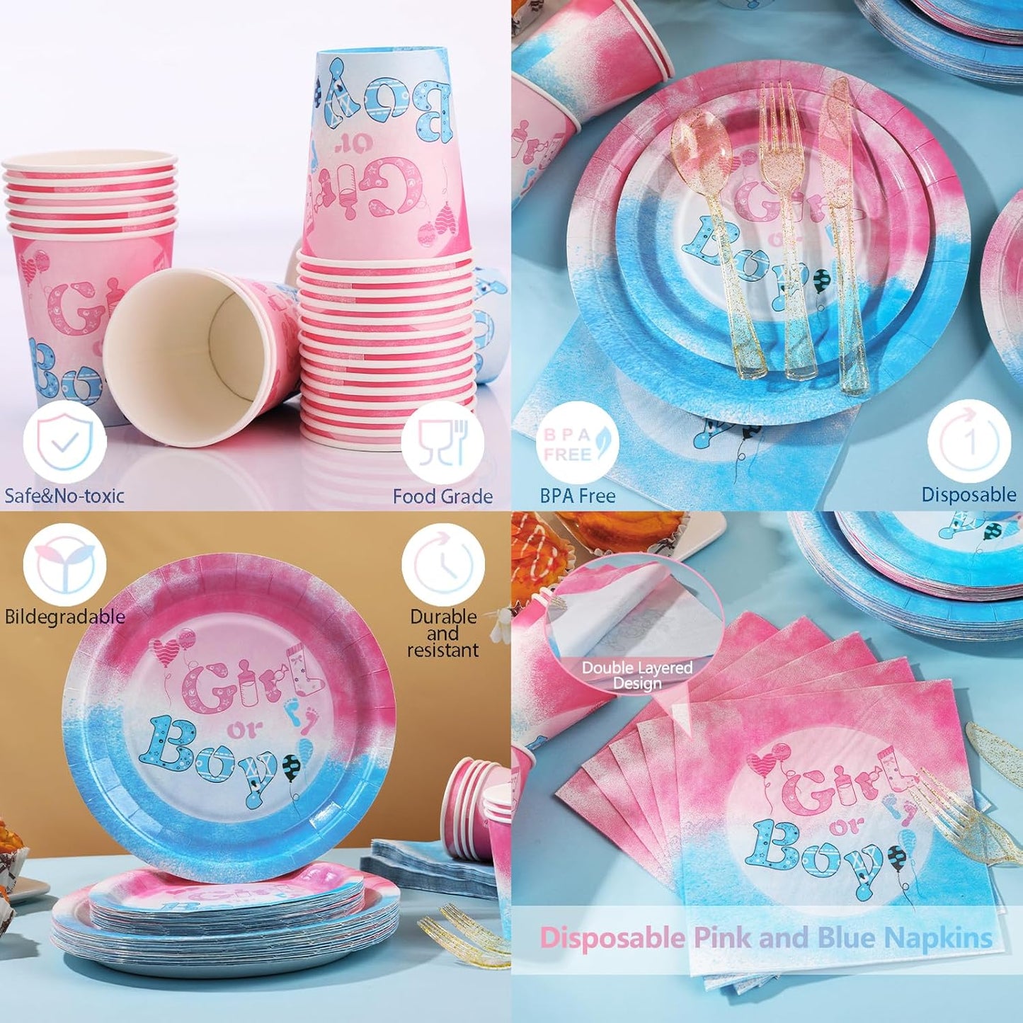 168Pcs Gender Reveal Plates and Napkins Party Supplies, Pink and Blue Plates for Gender Reveal Serves 24, Team Boy or Girl Gender Reveal Ideas, He or She Baby Reveal Decorations
