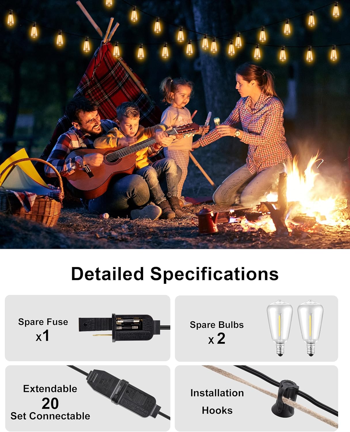 Outdoor String Lights - 50FT LED Patio Lights with 27 Shatterproof Waterproof Bulbs, Connectable Dimmable Edison IP65 ST38 Outside Lights for Garden, Balcony, Porch, Backyard, Deck, Home Decor