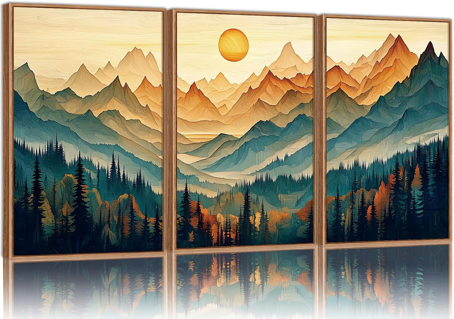 Tinonedraw Large Mountain Framed Canvas Wall Art Set of 3, Boho Nature Forest Wall Decor, Neutral Wooden Pine Trees Artwork, Sunrise Ridge Landscape Art Printing for Living Room Bedroom Office 16"x24"