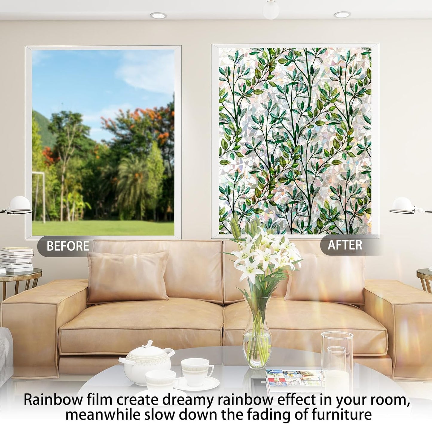 Rainbow Window Privacy Film 3D Leaf Decorative Stained Glass Window Film Anti UV Non-Adhesive Reusable 17.5" x 157.4" for Home Room Car Glass Cling