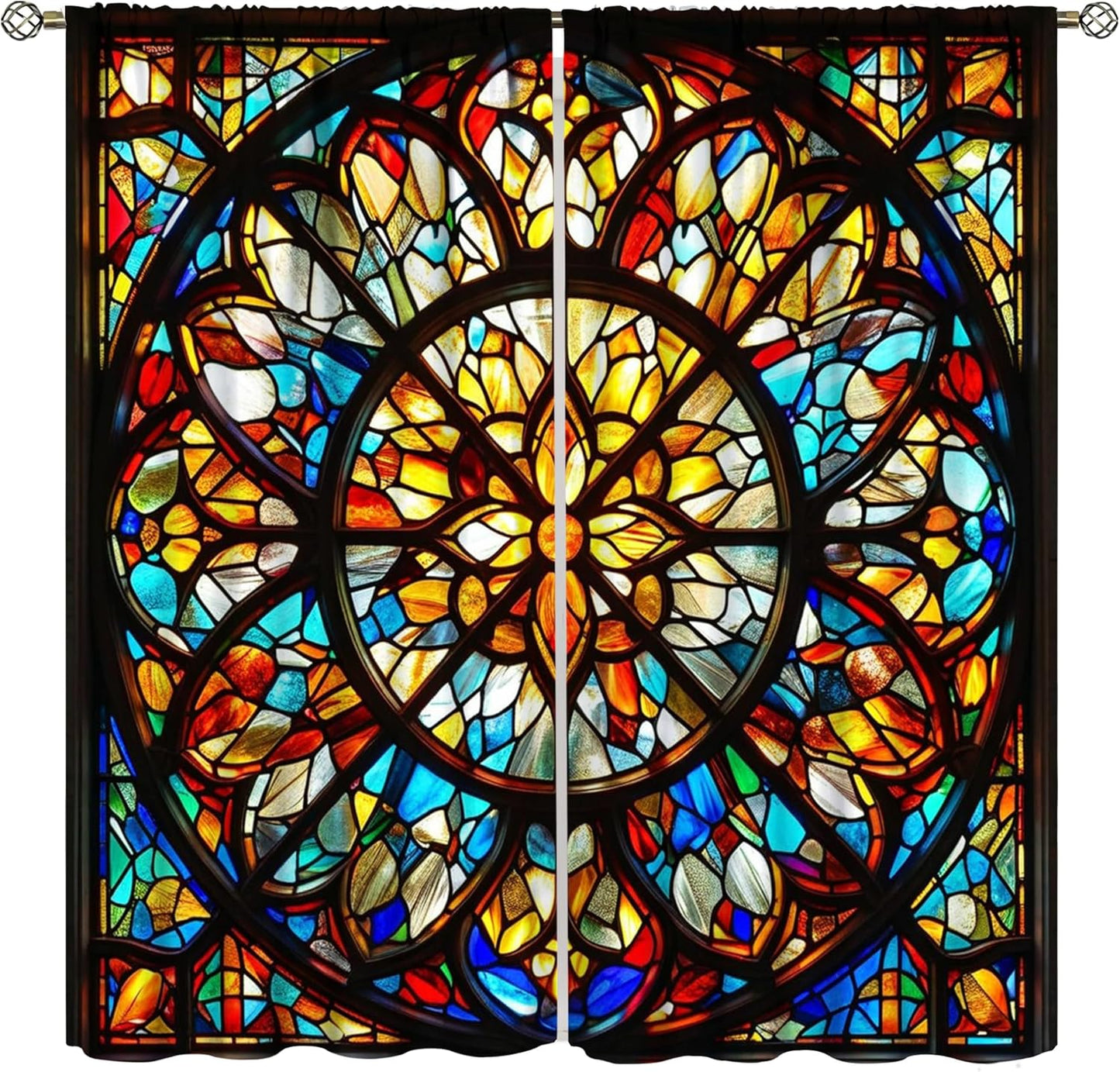 Stained Glass Curtains,Retro Mid Century Abstract Colorful Geometric Prints Home Decor Drapes for Bedroom Living Room Kitchen Window Treatment 2 Panels Set Total Size 42" W X 63" L Inch