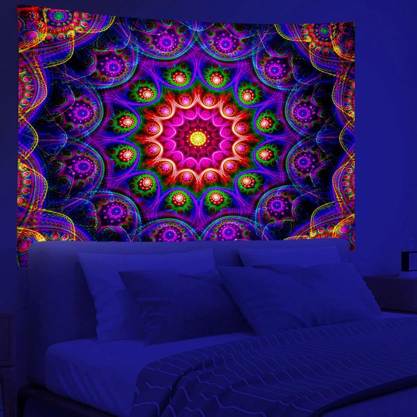Blacklight Trippy Mandala Tapestry, Boho Black Light Posters for Adults UV Reactive Room Decor for Bedroom Wall (60 x 50 Inches)