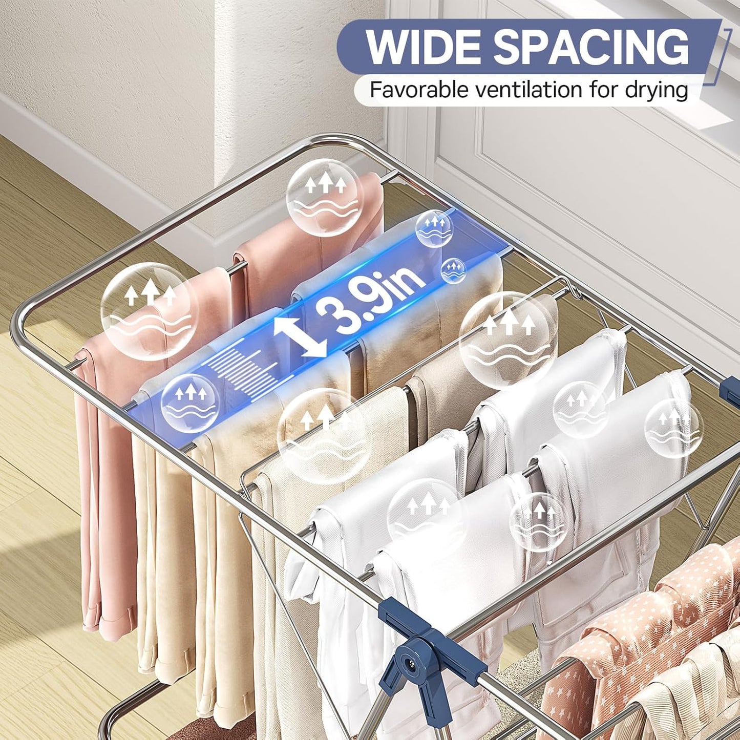 APEXCHASER Clothes Drying Rack with 4 Wings, Drying Rack Clothing with Height-Adjustable, Foldable Gullwings Laundry Drying Rack, Indoor Outdoor Use, No Assembly, Blue