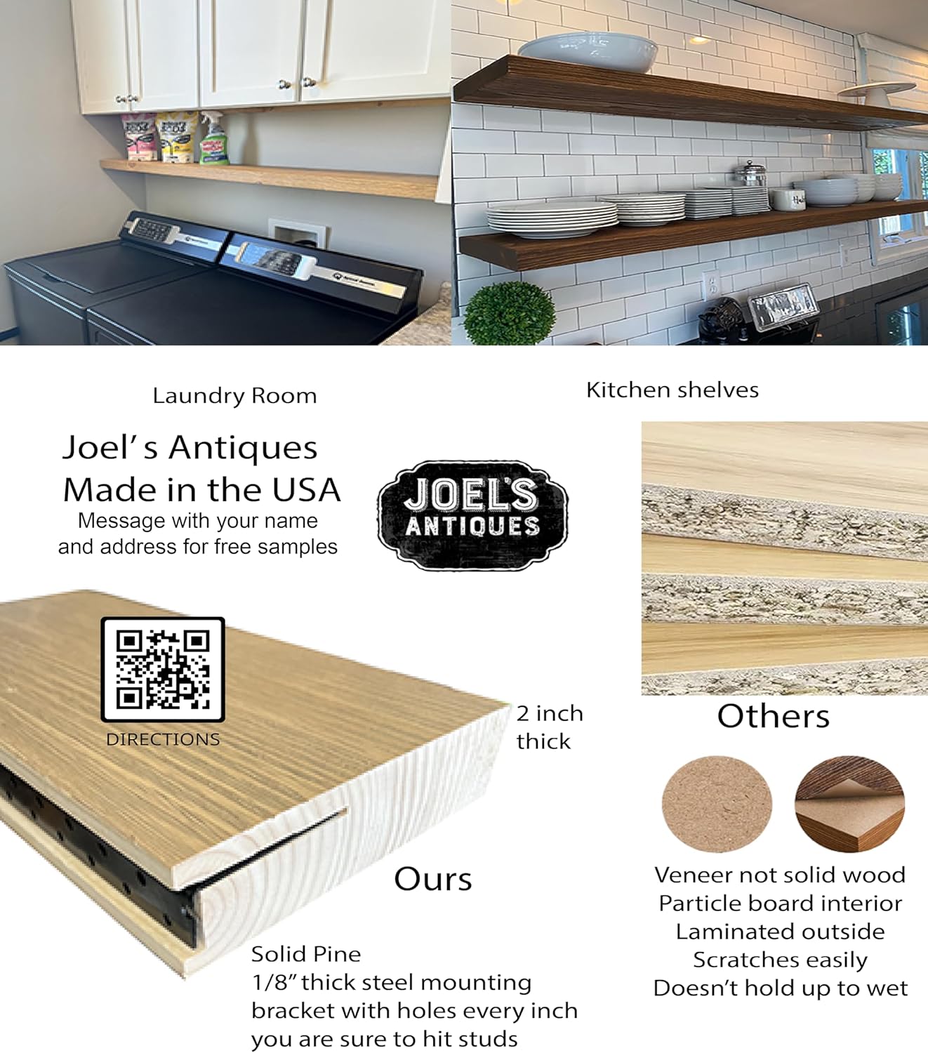 joelsantiques 72 Inch Wooden Floating Shelves for Wall - 72x12x2 in - Made of Natural Wood - Long Heavy Duty Wall Shelves for Bedroom - Perfect for Living Room, Kitchen - Beige