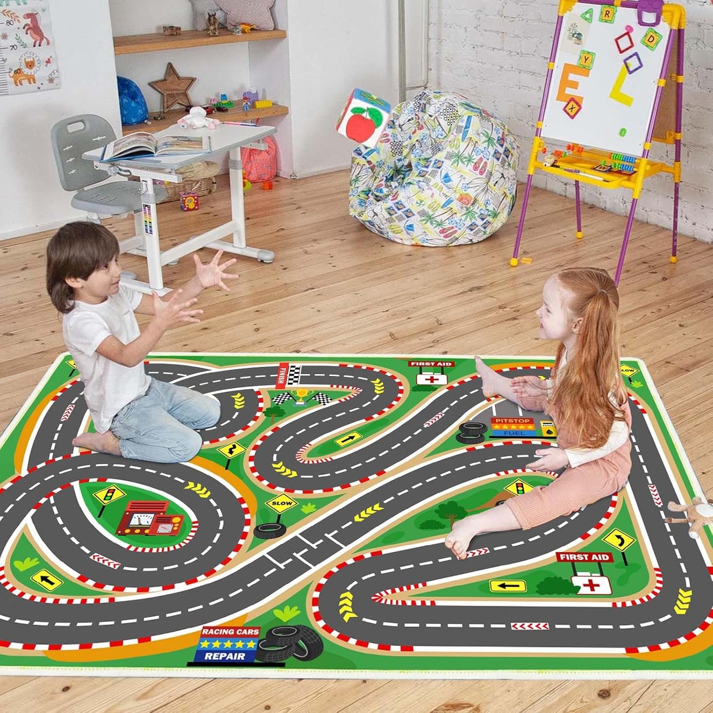 Kids Rug Play mat Playroom Rugs Car Rugs for Kids Toy Cars Race Track for Classroom Rug (Race-Green, 3.3x4.9ft)