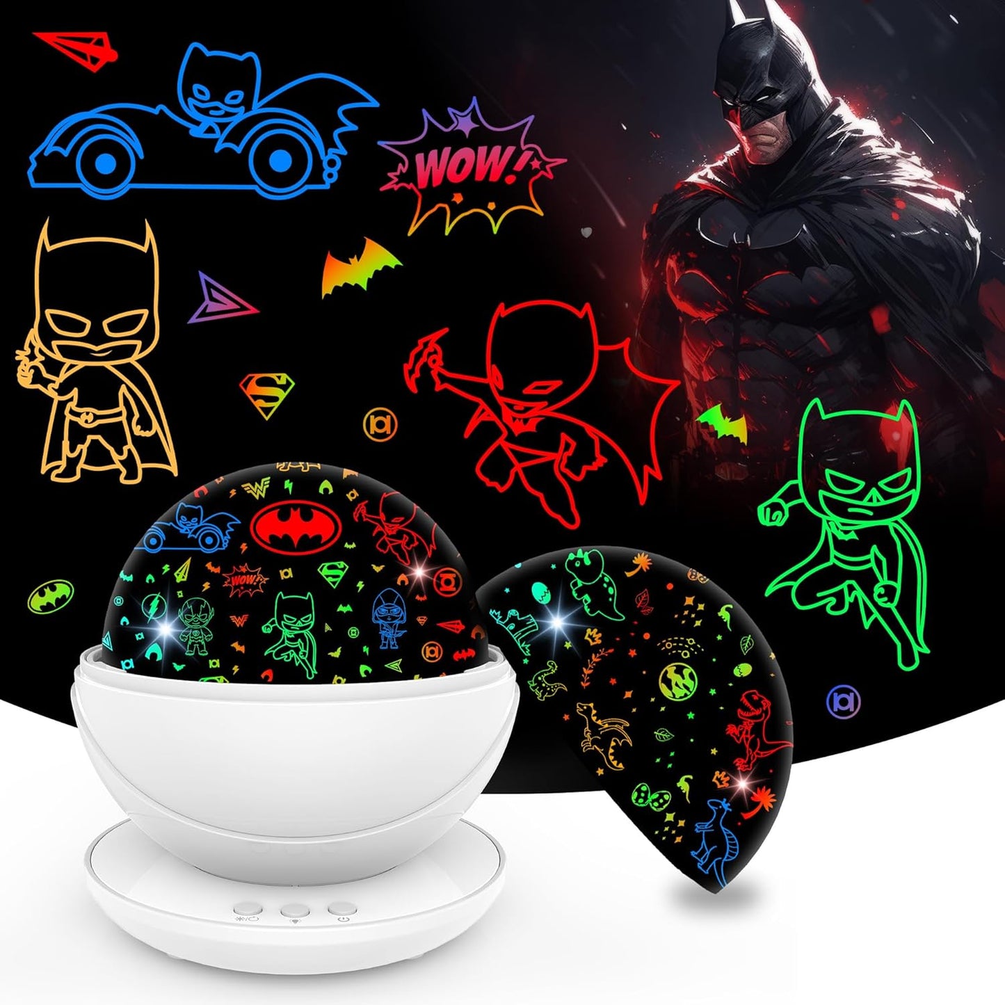 Batman Night Light Projector for Boy,Kids Night Lights with Batman and Dinosaur Theme,360 Degree Rotation,15 Mode Color Changing,Birthday Gift Toys