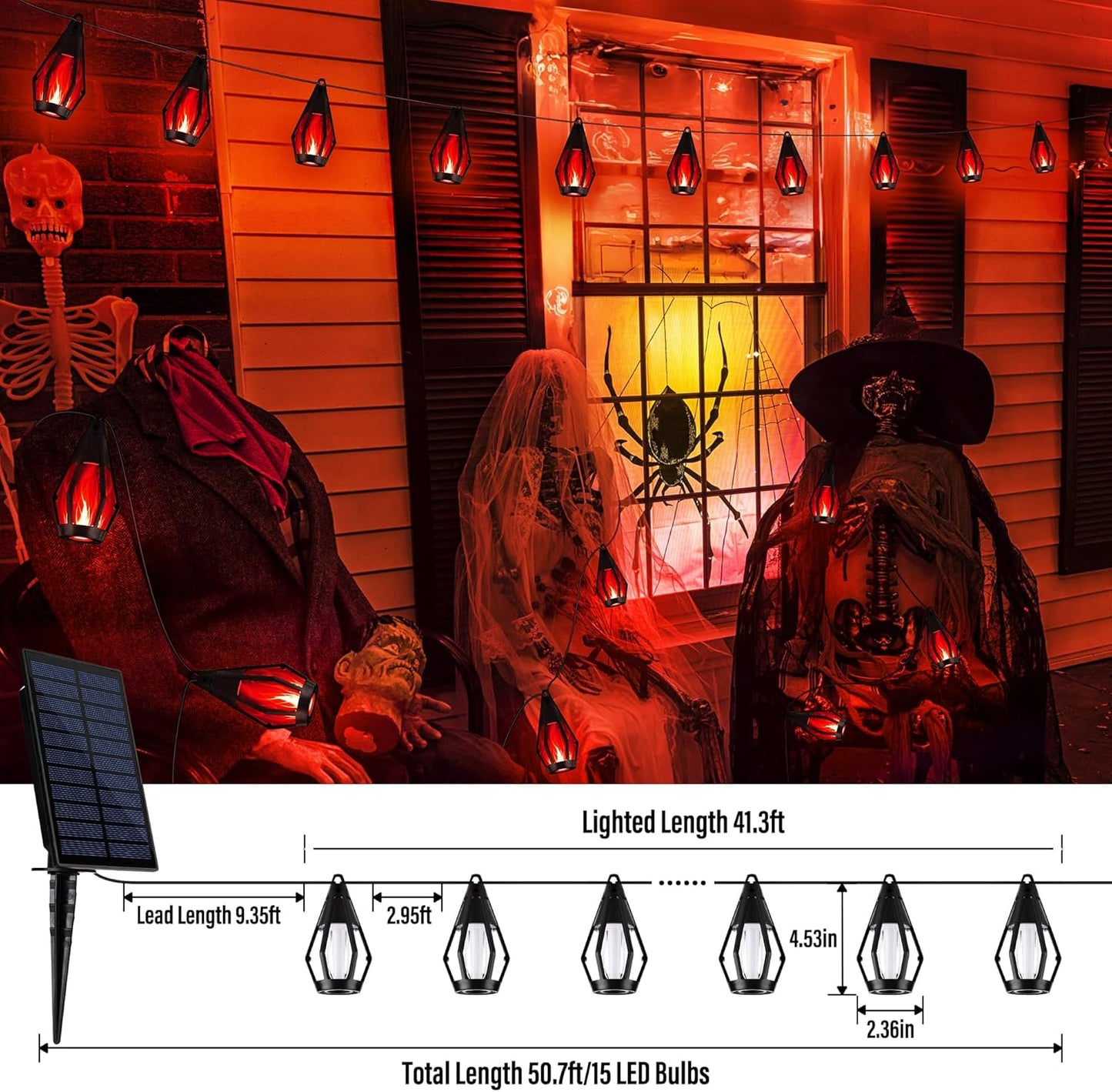 iBaycon Solar Halloween Lights, 42Ft 15 LED Bulbs Flickering Flame String Light, Outdoor Waterproof Solar Flame Lights for Garden Yard Patio Halloween Decorations (Red)