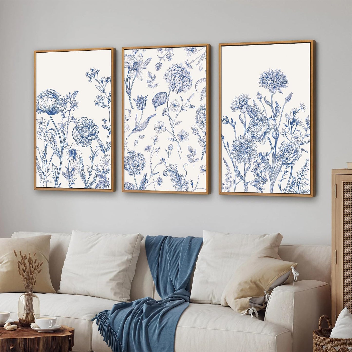 Tinonedraw Large Classic Chinoiserie Flower Framed Canvas Wall Art Set, Navy Blue and White Floral Wall Decor, Minimalist Neutral Botanical Art Printing for Living Room Bedroom Office Dorm 16"x24"x3