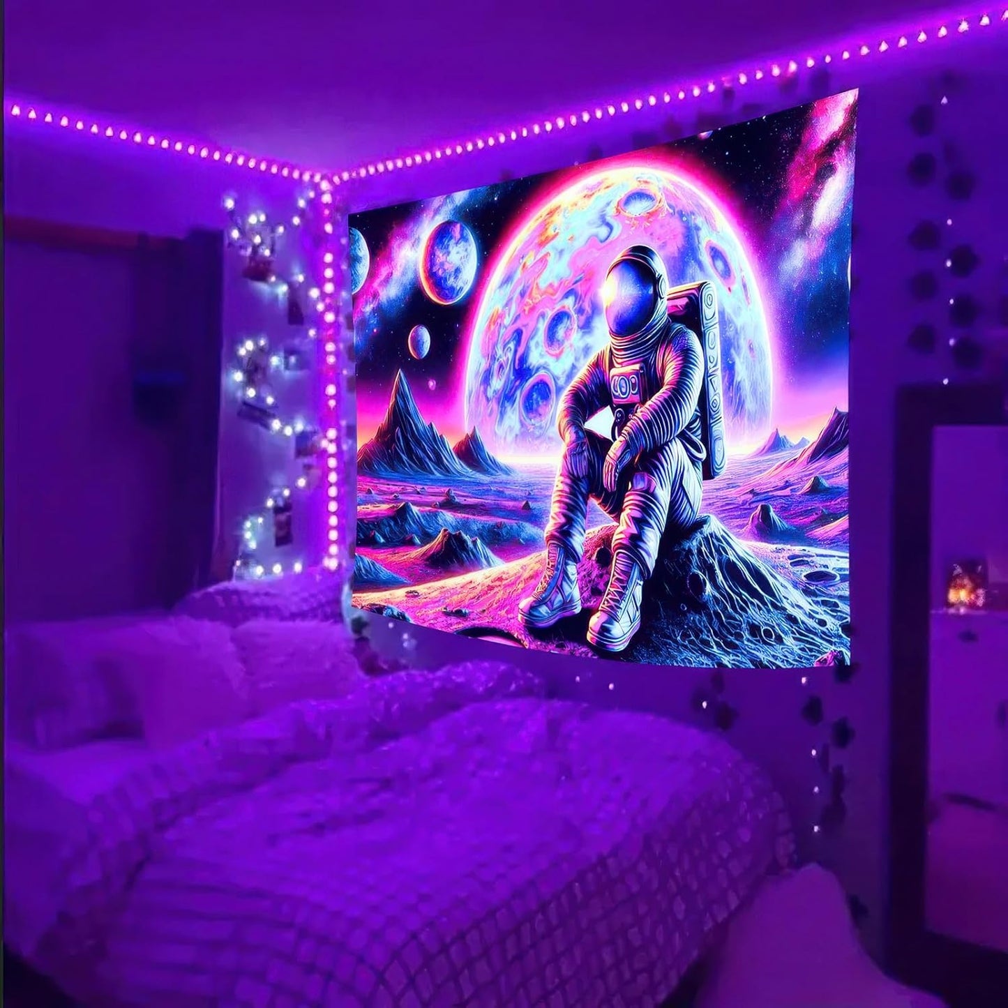 BlissYard Blacklight Tapestry Astronaut in Cosmic Landscape 78x59 Inches Modern Wall Art for Bedroom