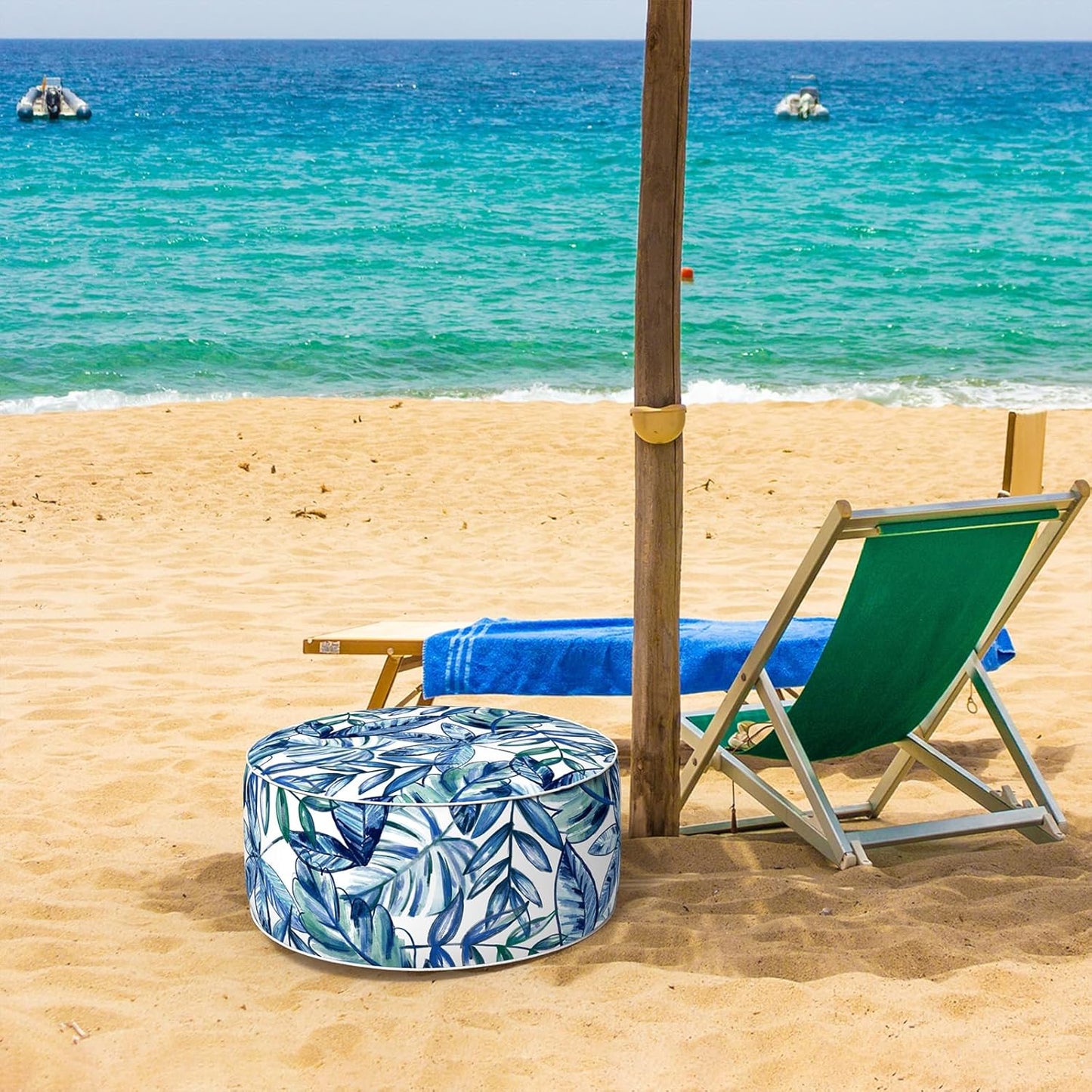 Inflatable Ottoman Stool D21 xH9 for Outdoor/Indoor Use, Water Repellent Patio Foot Rest Stool with Portable Handle,Round Pouf Ottoman Suitable for Garden,Deck and Camping - Leaves Ink Blue