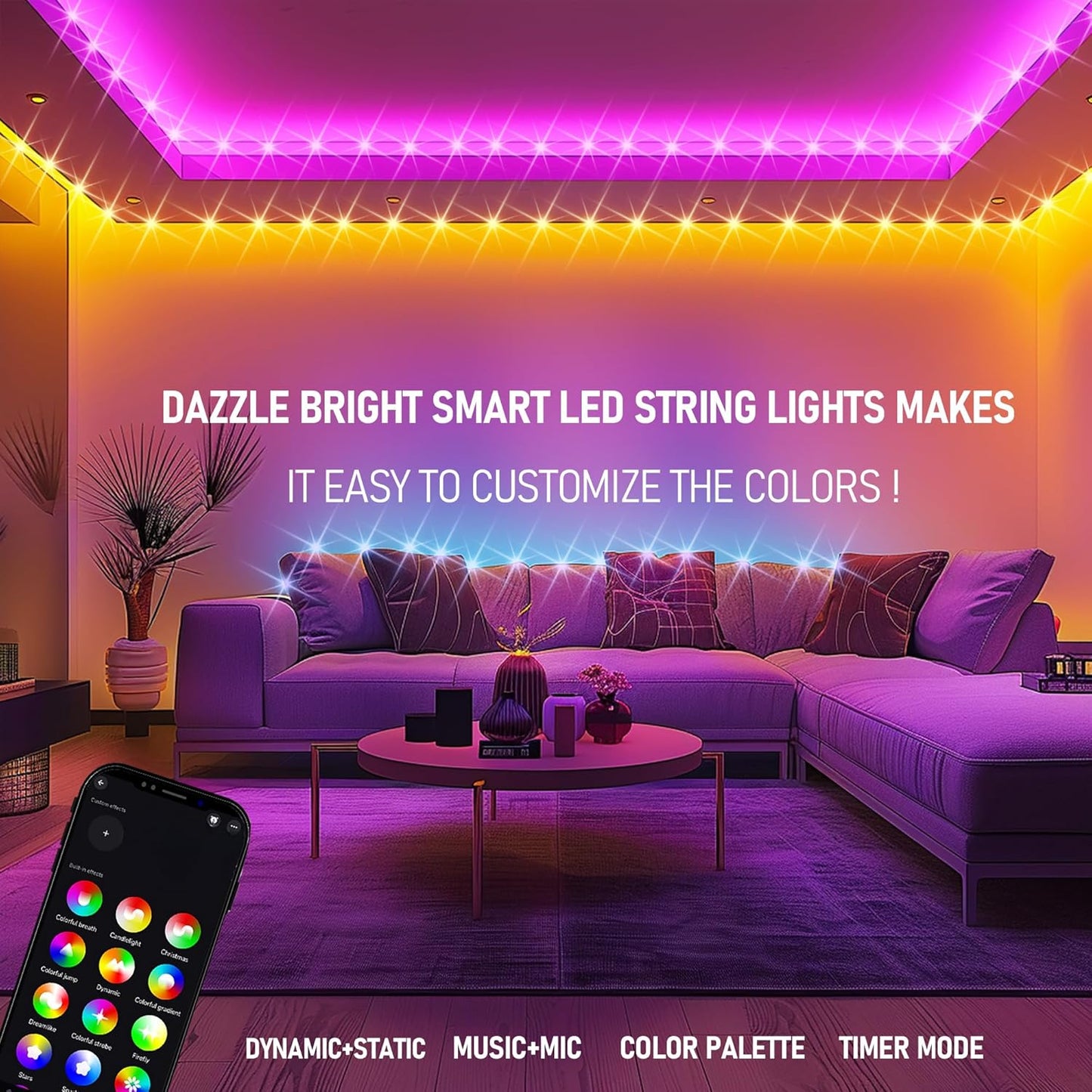 Dazzle Bright Smart Halloween String Lights, 164FT 500 LED RGB Color Changing String Lights with Remote & App Controlled, Christmas Decorations for Indoor Outdoor Holiday Xmas Tree Party Decor