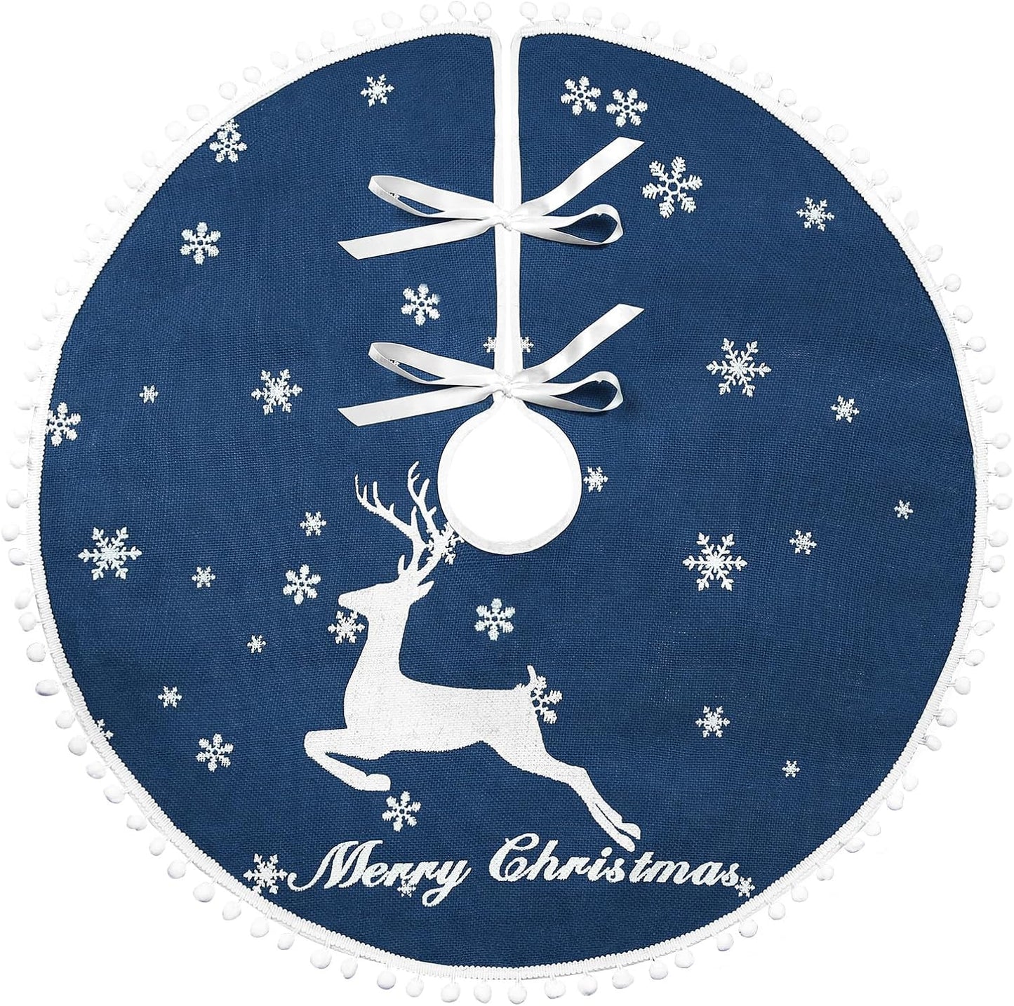 30 Inch Christmas Tree Skirt, Burlap Blue Christmas Rustic Tree Skirt with Elk Deer and White Snowflake Printed for Holiday Party Xmas Tree Decoration