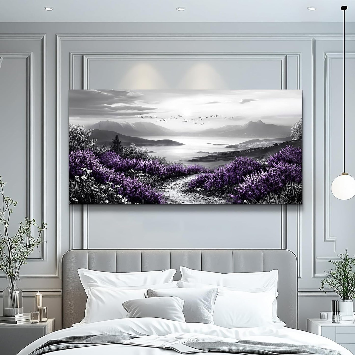KELIYUAN Large Purple Grass Wall Art Home Decor Bedroom Office Black And White Landscape Modern Printed Canvas Wall Decor Natural Scenery Living Room Decoration Can Be Hung Directly 30x60 Inches