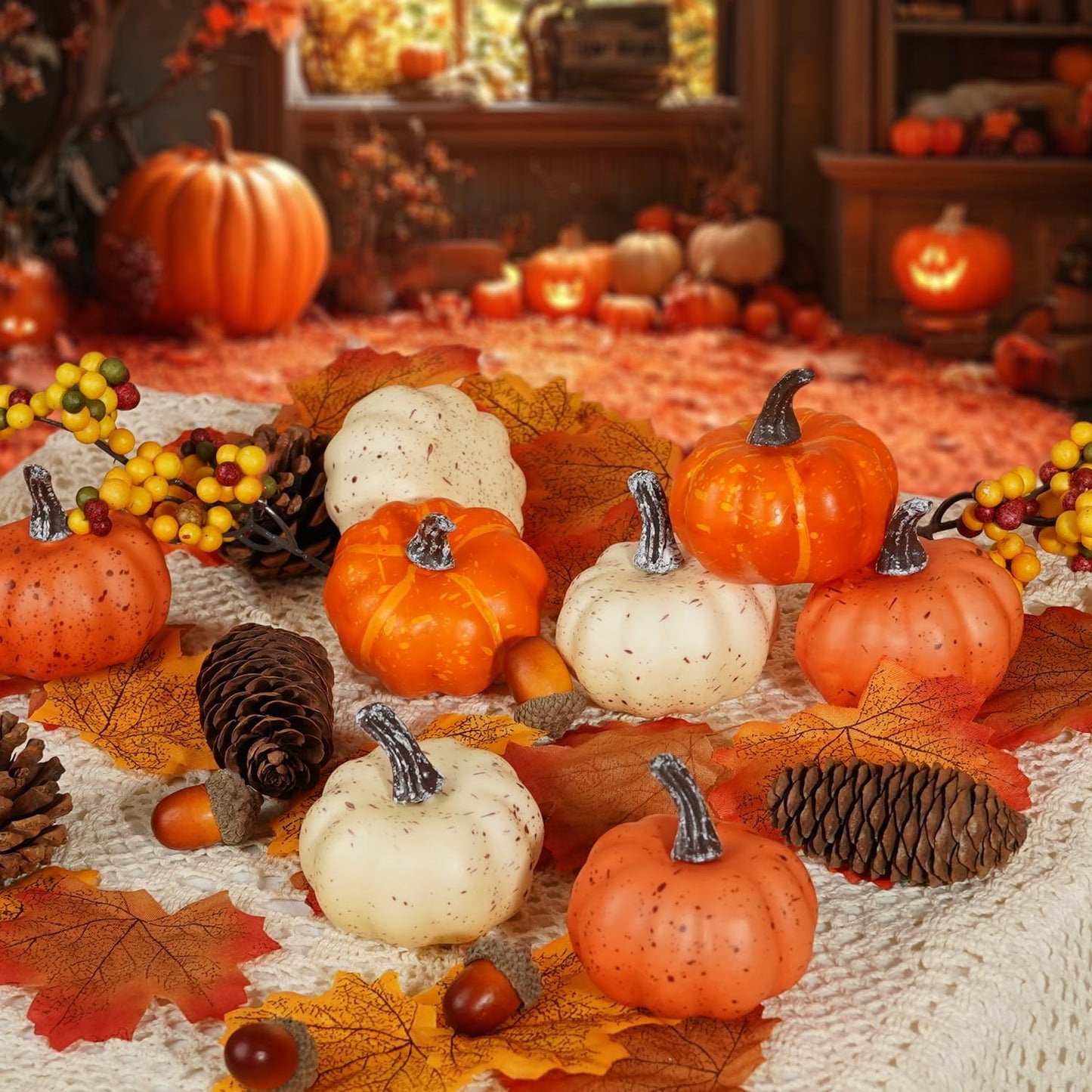 Artmag 51 PCS Artificial Pumpkins, Fall Harvest Decorations with Acorns, Pinecones, Berries, Maple Leaves for Farmhouse Fall Thansgiving Halloween Decor Decoration