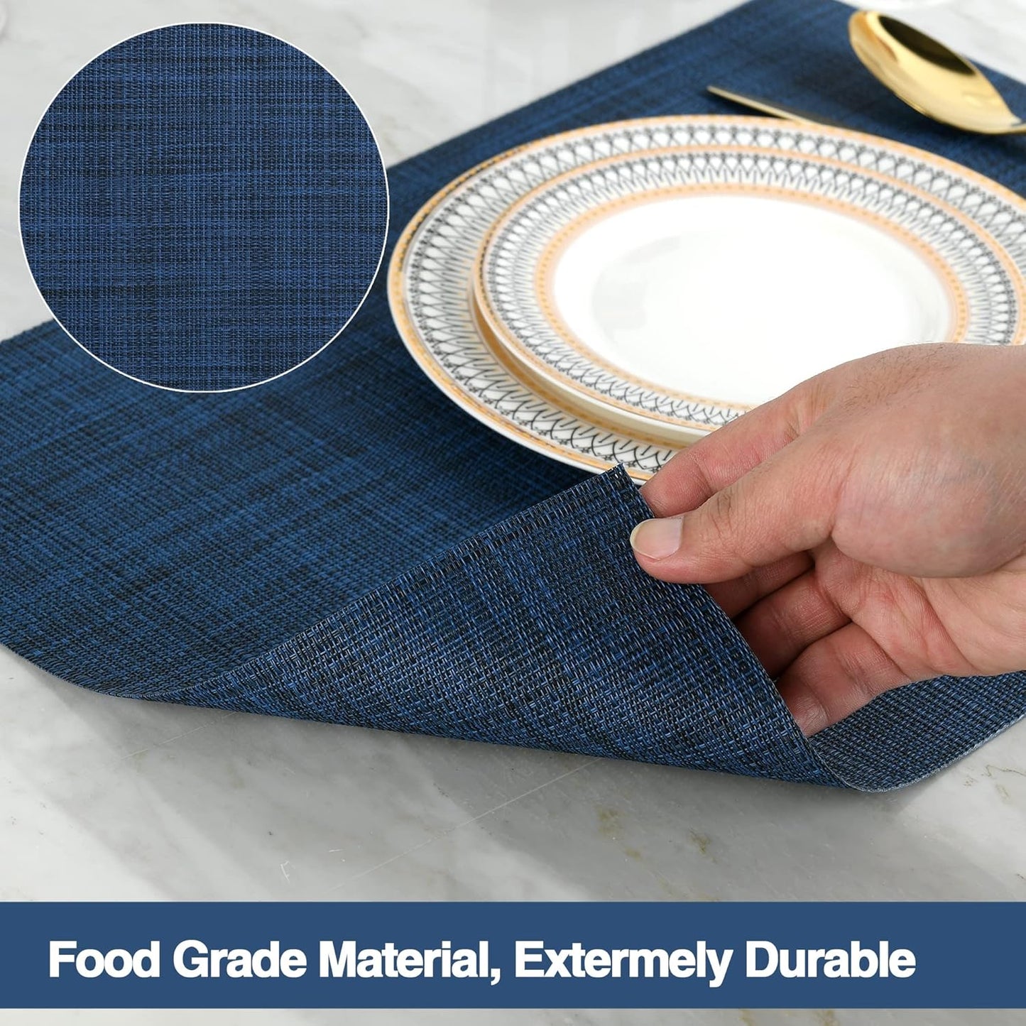 Navy Blue Placemats Set of 4 - Easy Clean Washable Vinyl Placemats - Wipeable Heat Resistant Table Mats for Dining Table - 17x12 Inch (Navy Blue, 4)