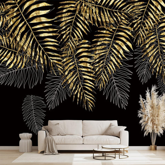 Black and Gold Leaf Mural Bedroom Tropical Botanical Wallpaper Room Plant Decor Living Room tv Background Large Wall Mural - 137"x96" (Not Peel and Stick)