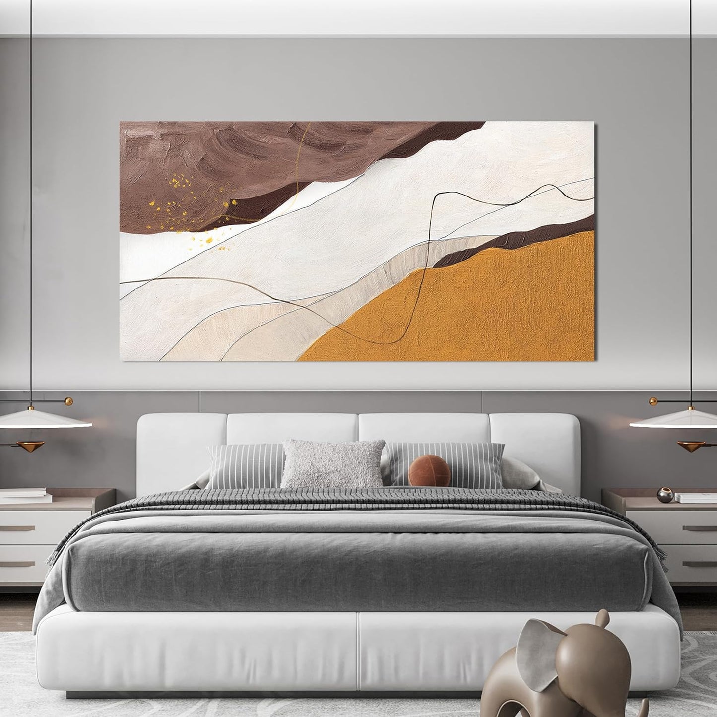 Canvas Abstract Wall Art Decor Minimalist White Wall Art Prints Abstract Canvas Art Wall Decor Large Modern Brown Wall Art Decorations Oversized Artwork for Walls Bedroom Office Wall Art Decor 29" X 58"