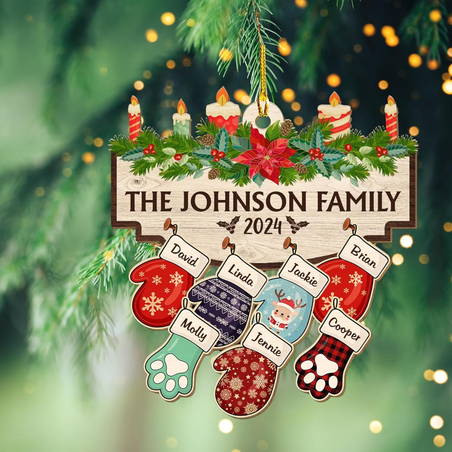 Family with Pet Ver 2 - Personalized Custom Wood Ornament, Family Gloves Christmas Ornament 2024, Xmas Ornament Gifts for Family Tree Decoration (A06, 5 Names)