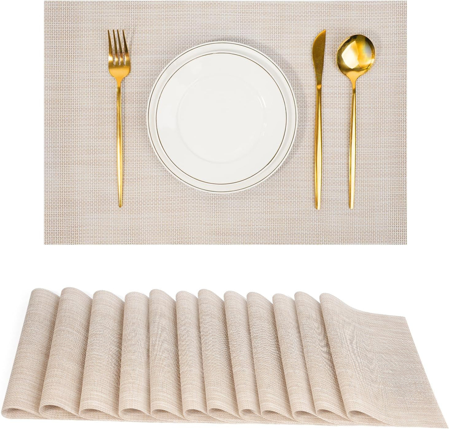 Placemats Set of 12，Non-Slip PVC Weave Table Mats Easy to Clean，Heat Resistant Place Mats for Kitchen Dining Table Decoration Indoor Outdoor，Beige White